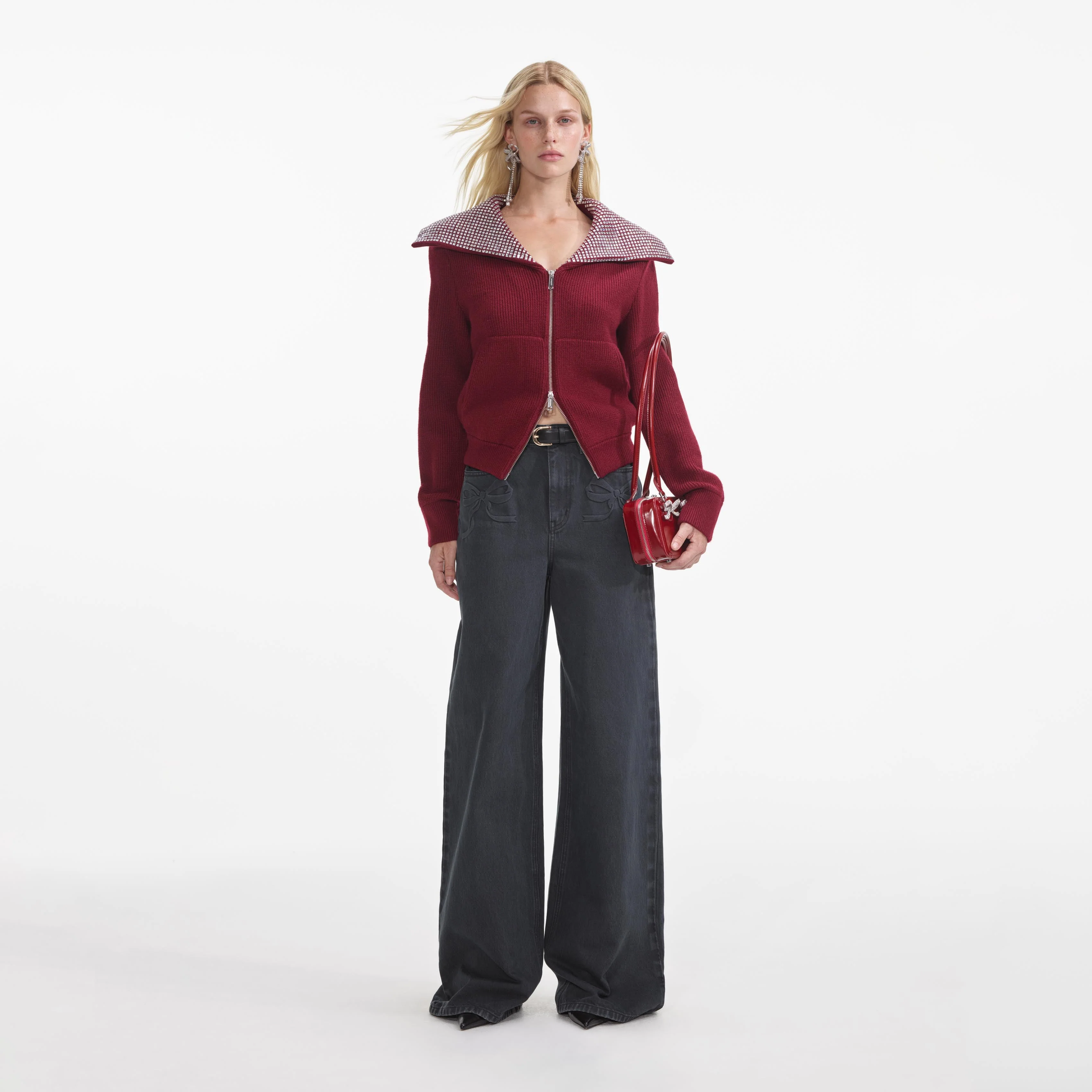 Burgundy Diamante Collar Knit Jacket