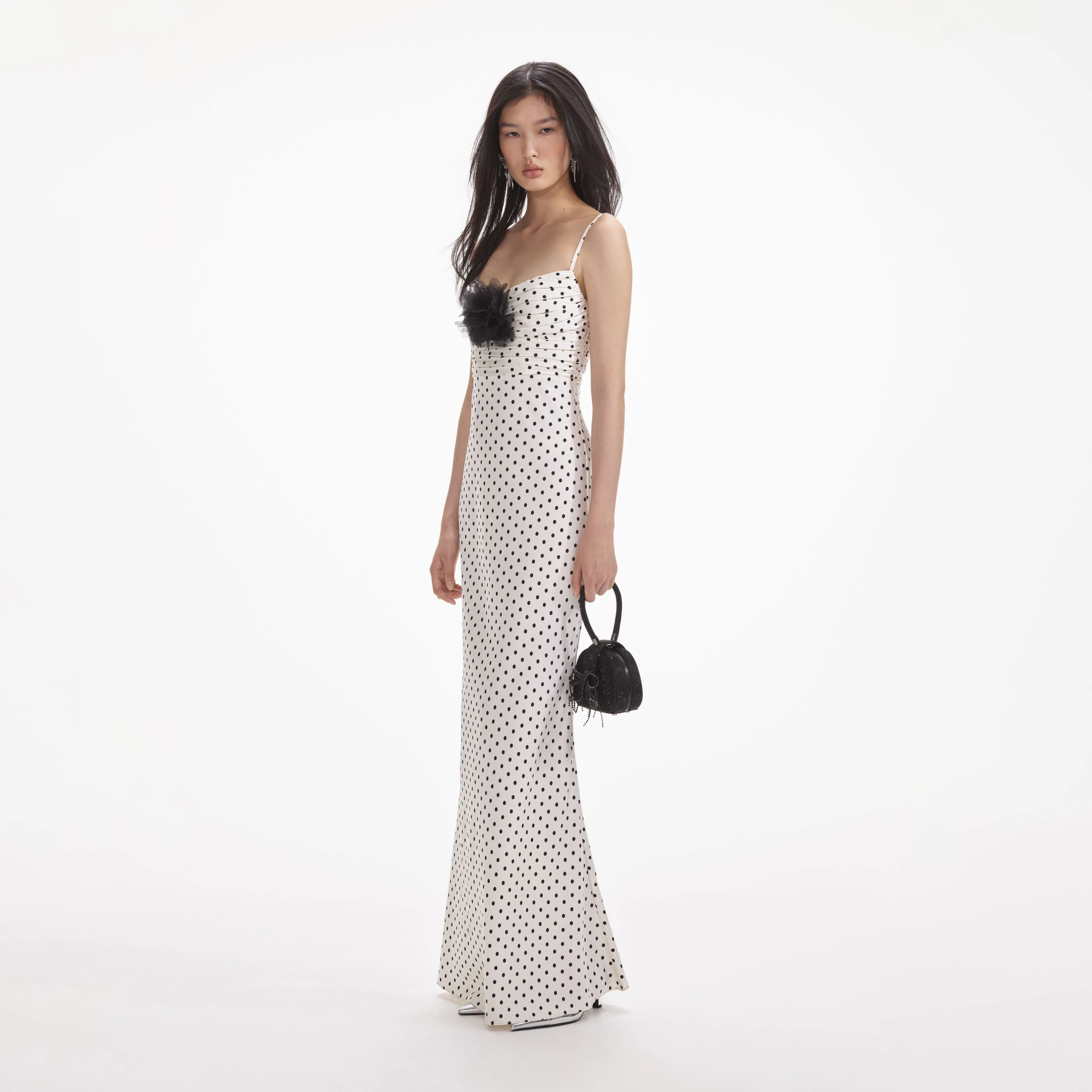 Cream Polka Dot Satin Maxi Dress