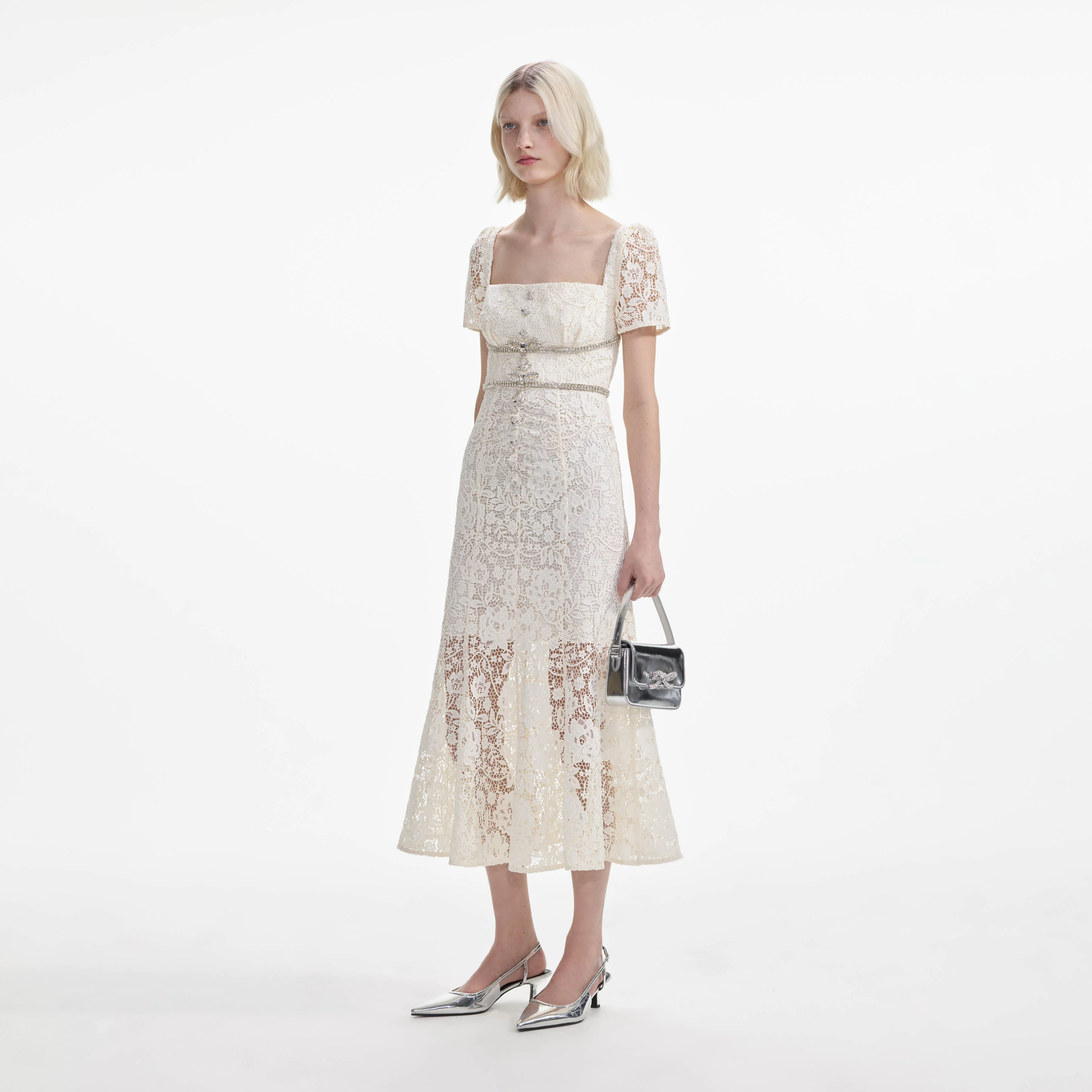Cream Lace Diamante Bow Midi Dress