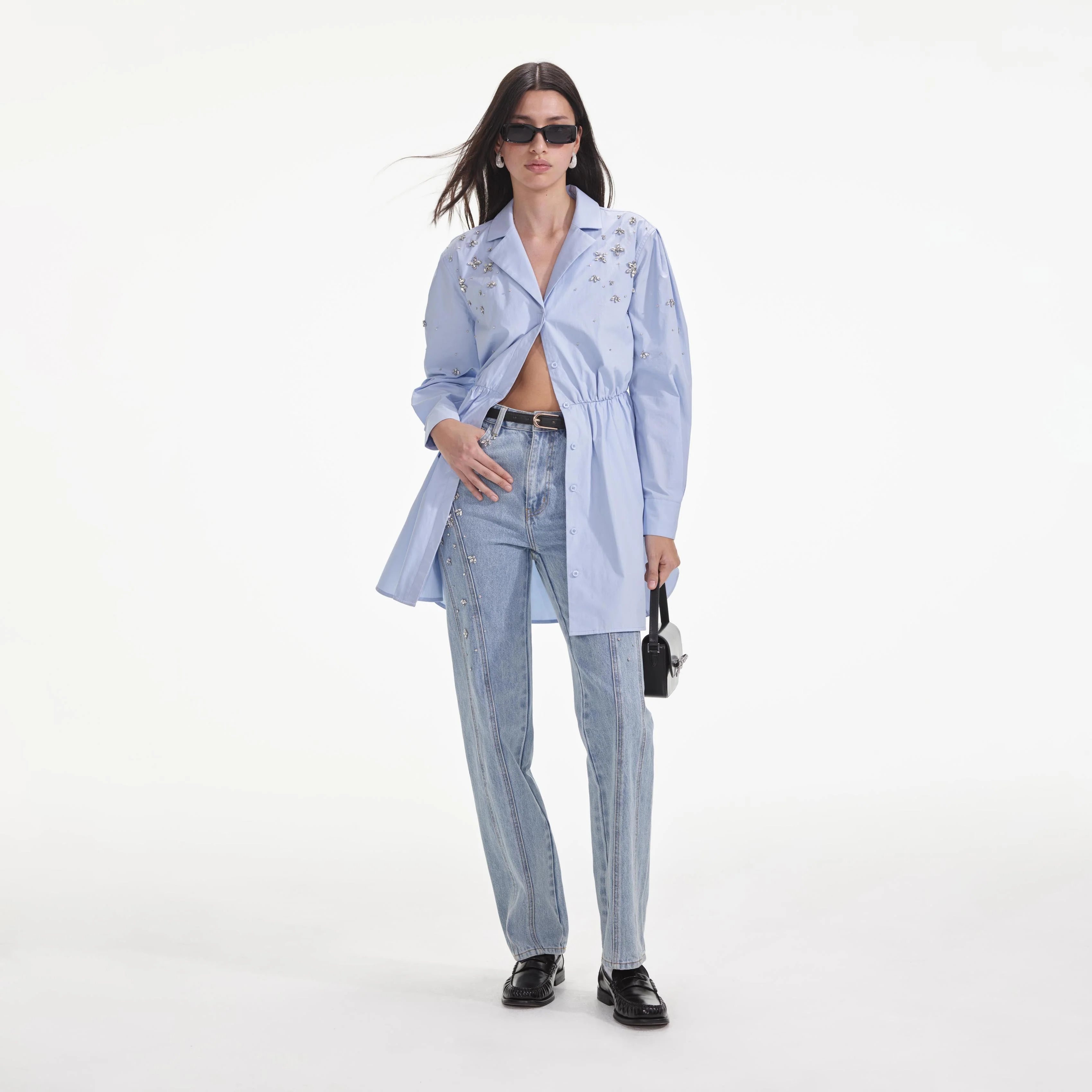 Blue Cotton Embellished Mini Dress