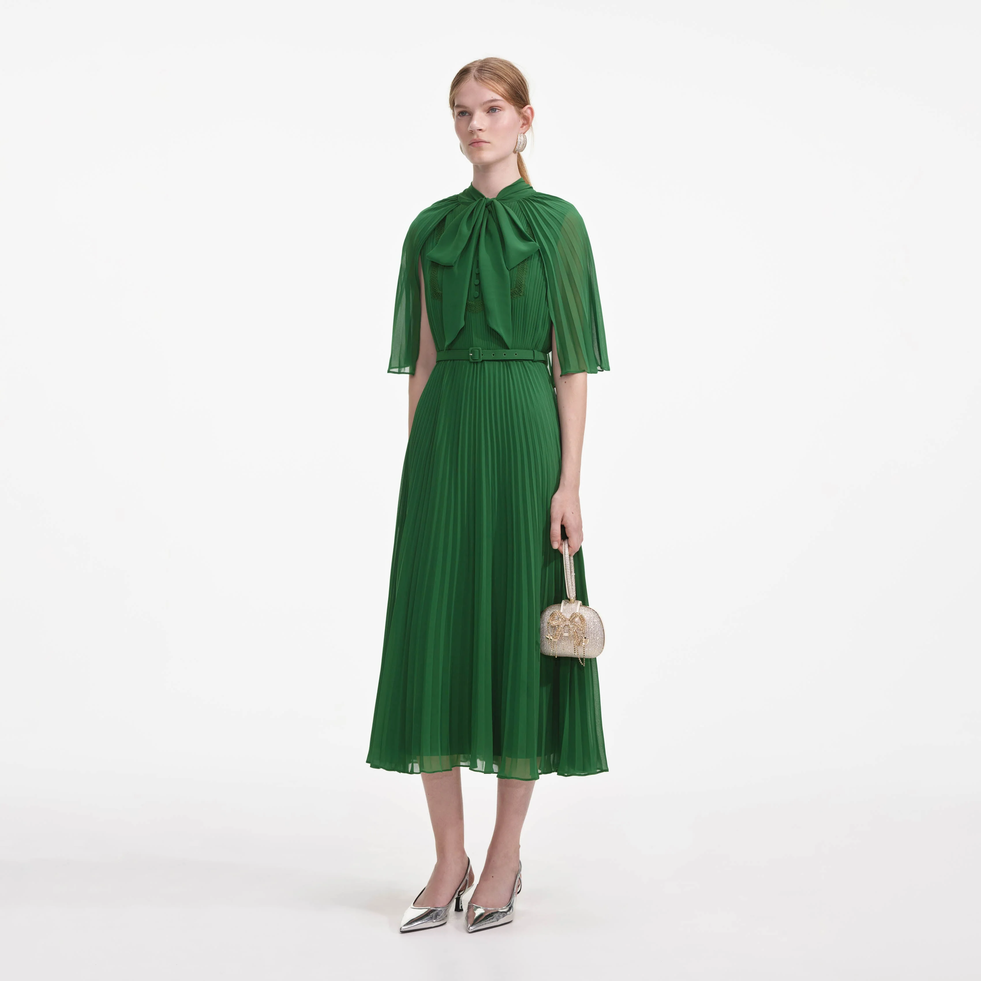 Green Chiffon Cape Midi Dress
