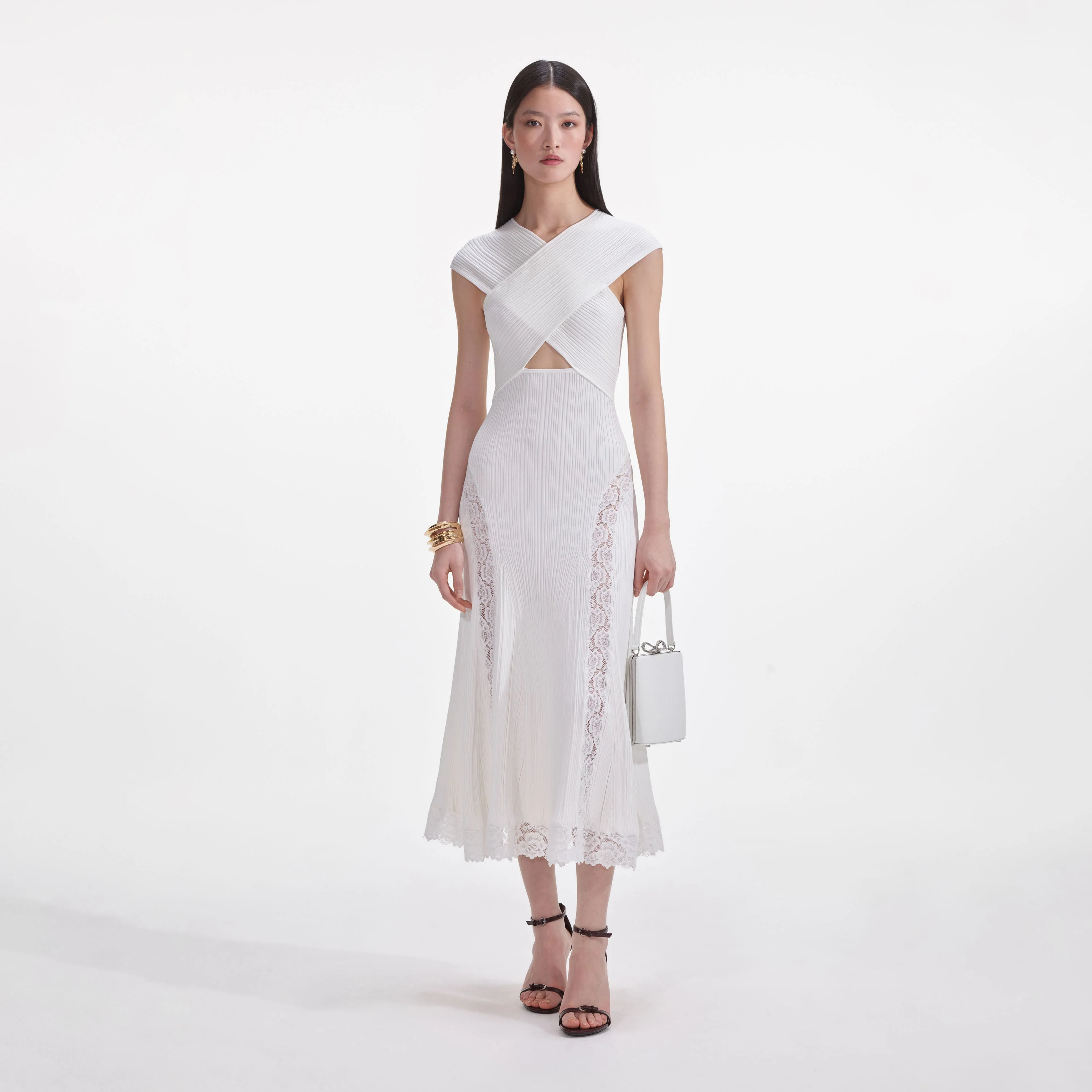 White Knit Lace Insert Midi Dress