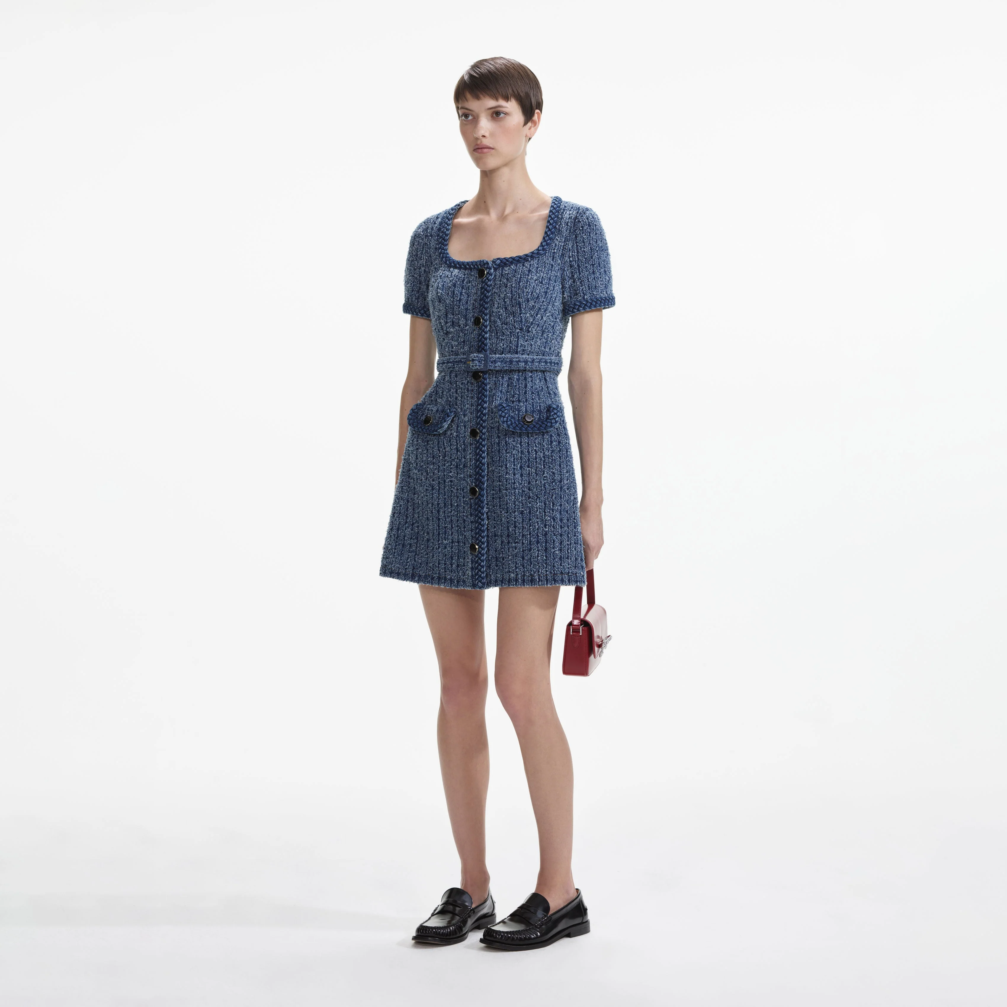 Textured Denim Short Sleeve Mini Dress