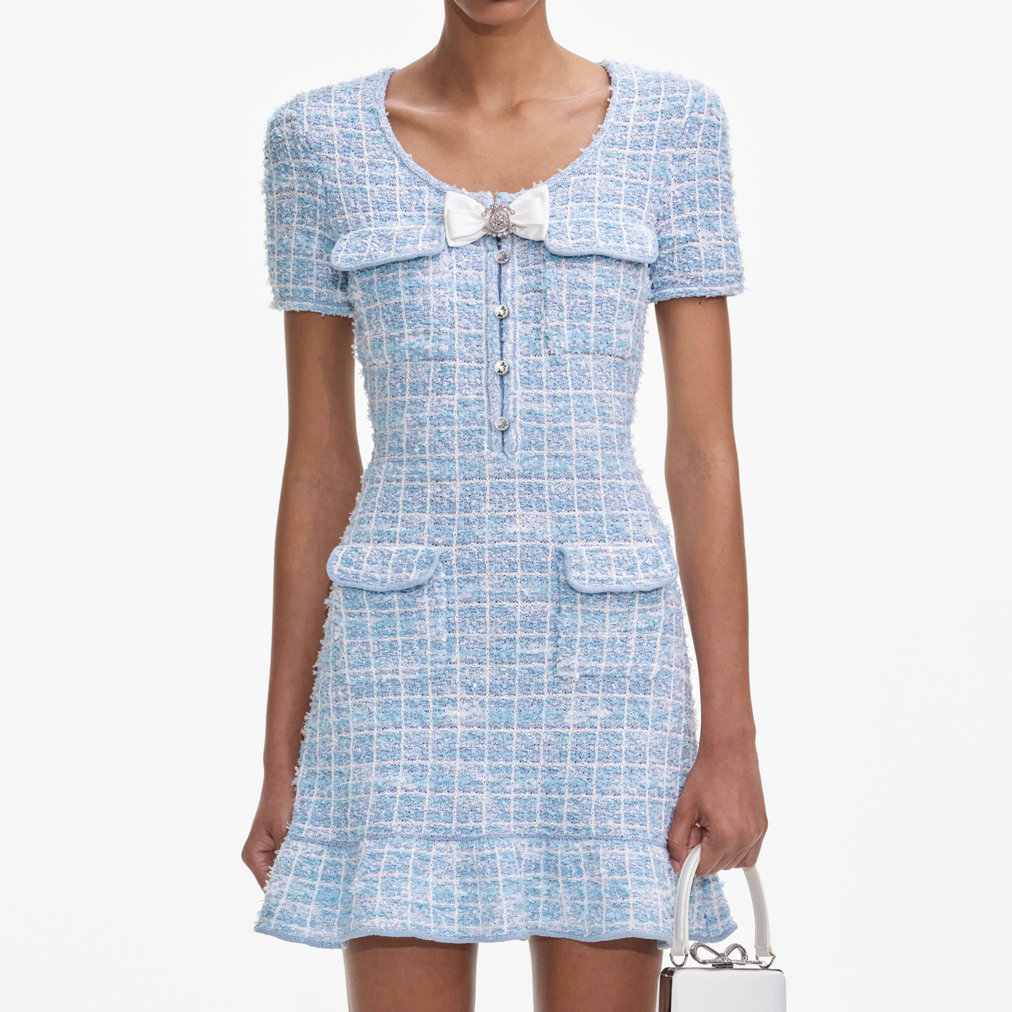 Blue Check Knit Mini Dress