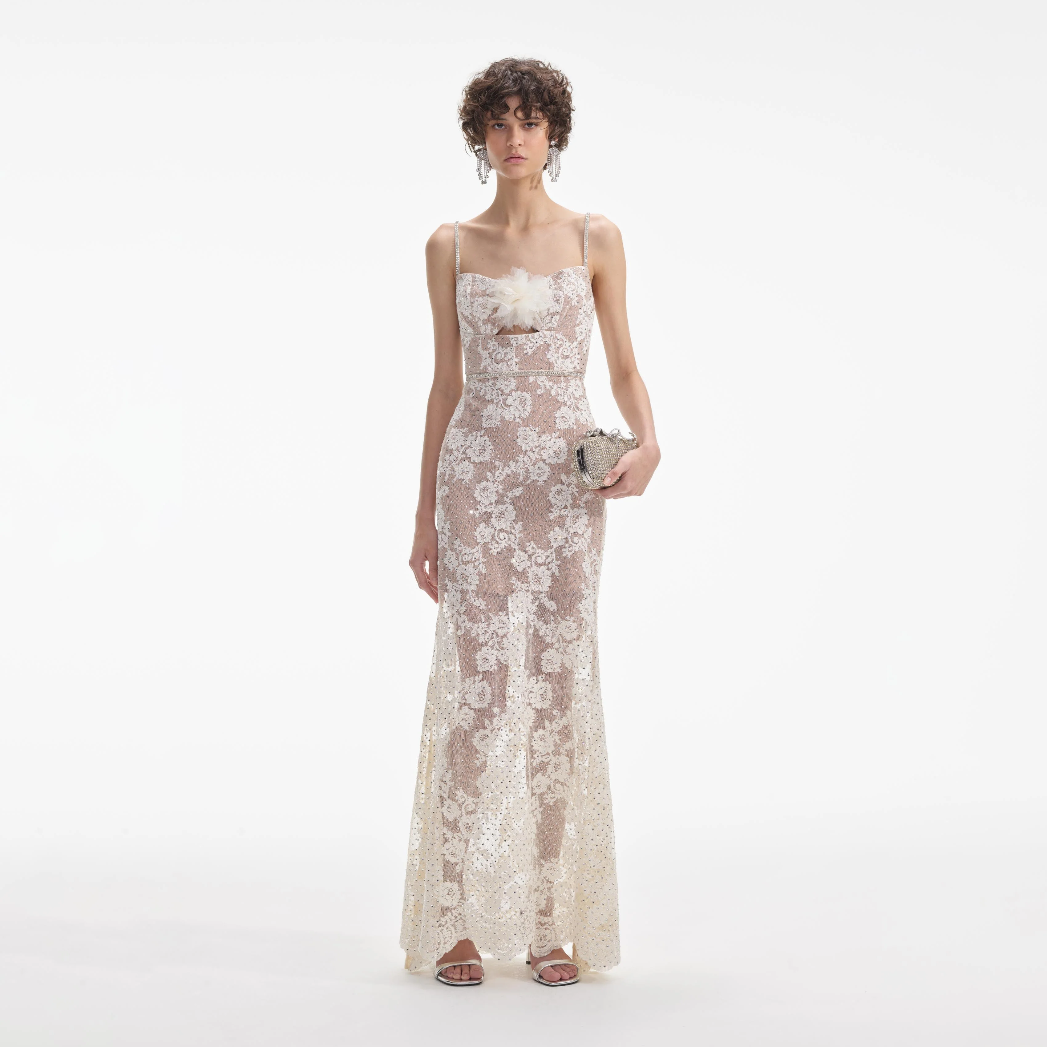 Cream Rhinestone Lace Maxi Dress