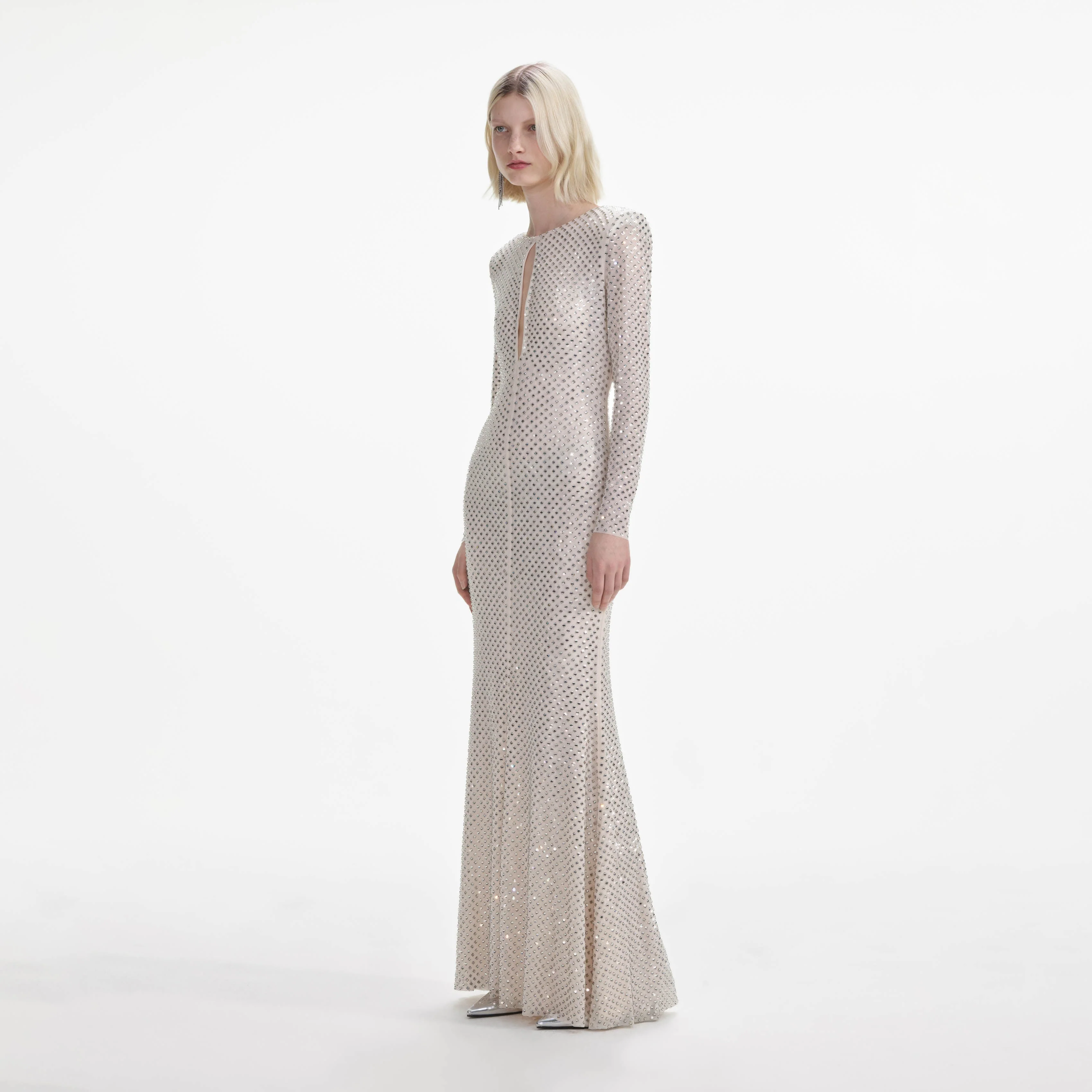 Cream Rhinestone Keyhole Maxi Dress