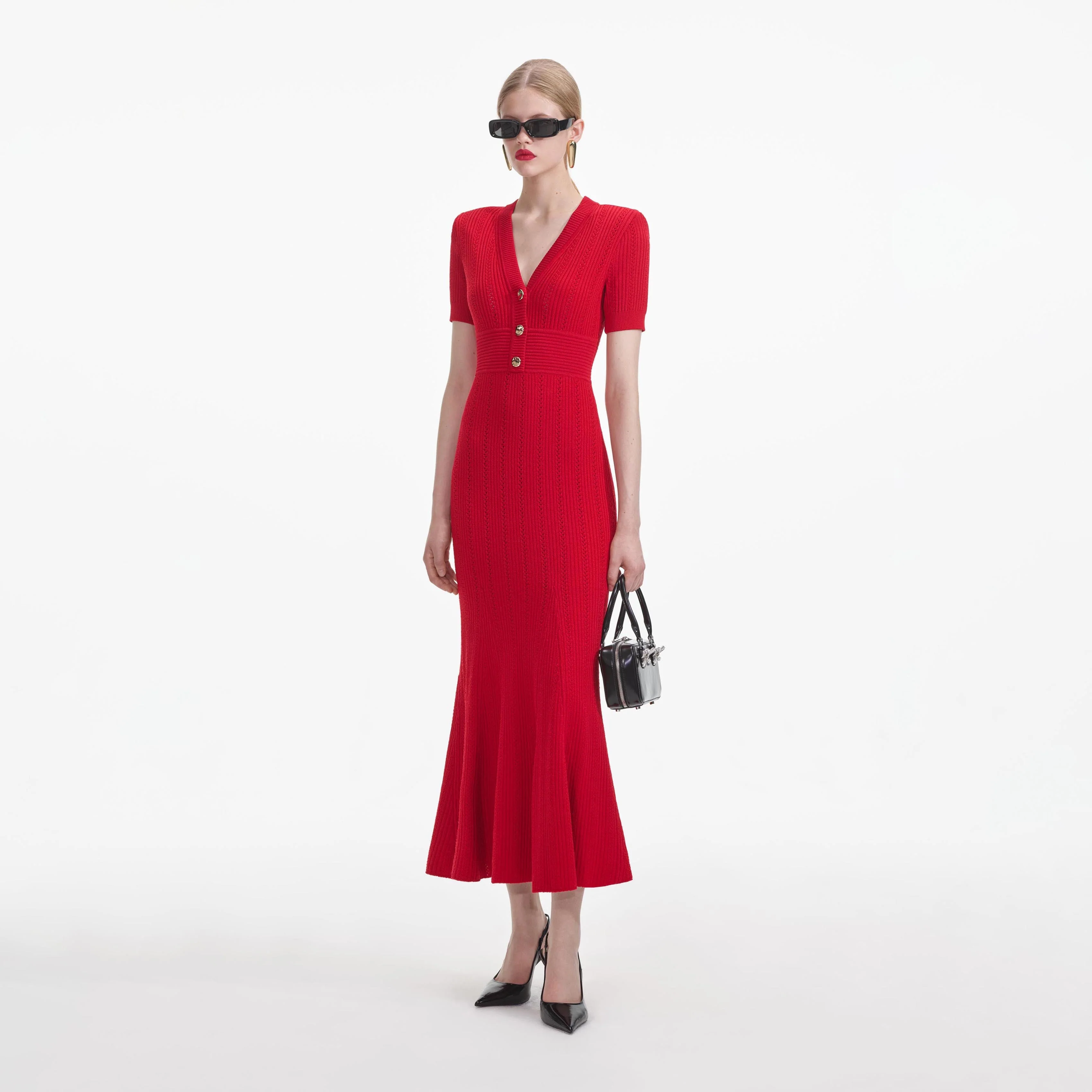 Red Pointelle Knit Midi Dress