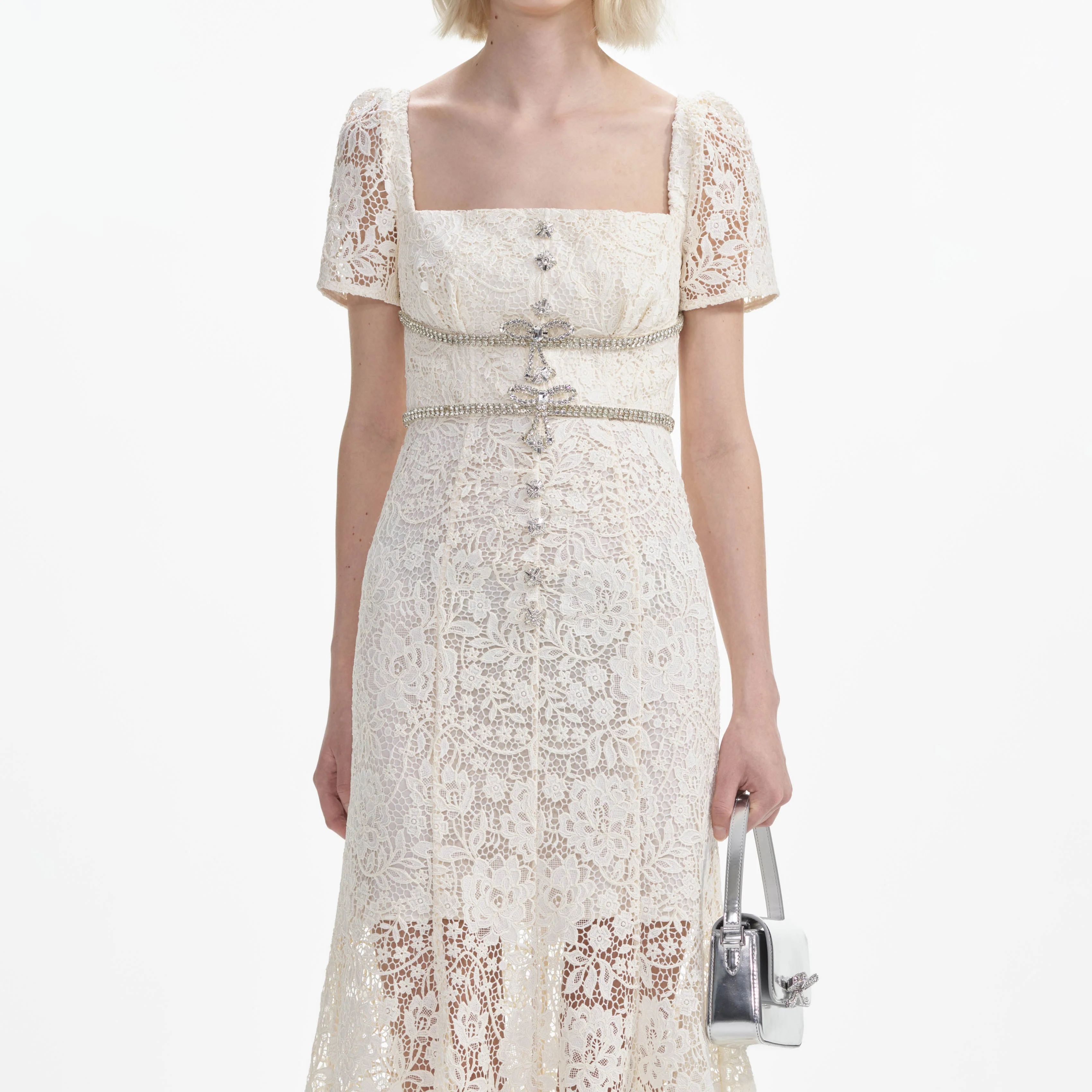 Cream Lace Diamante Bow Midi Dress