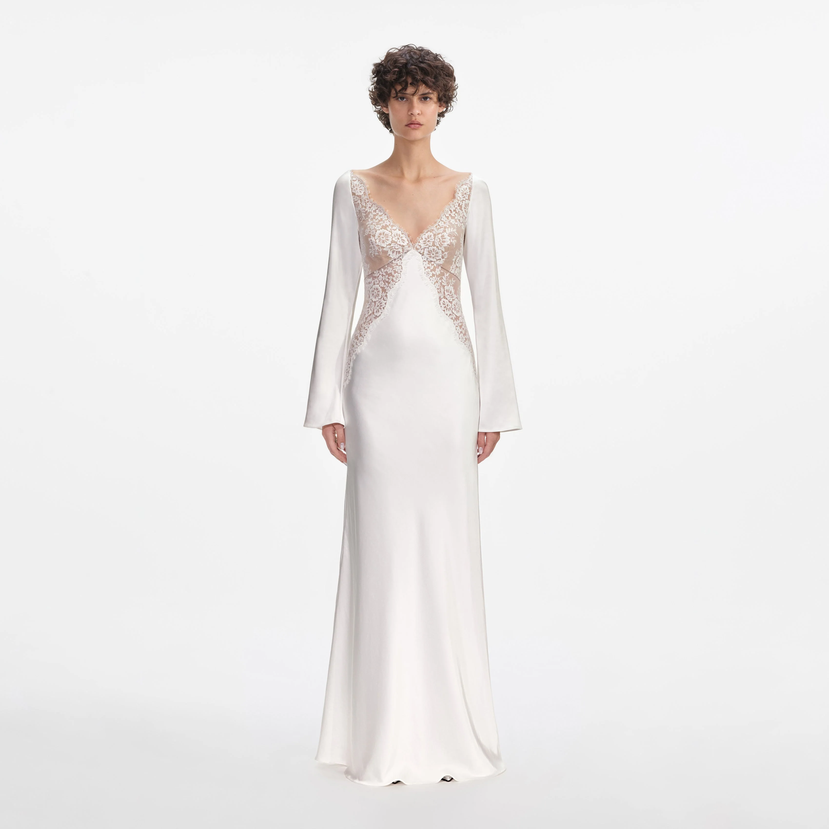 White Lace Satin Long Sleeve Maxi Dress