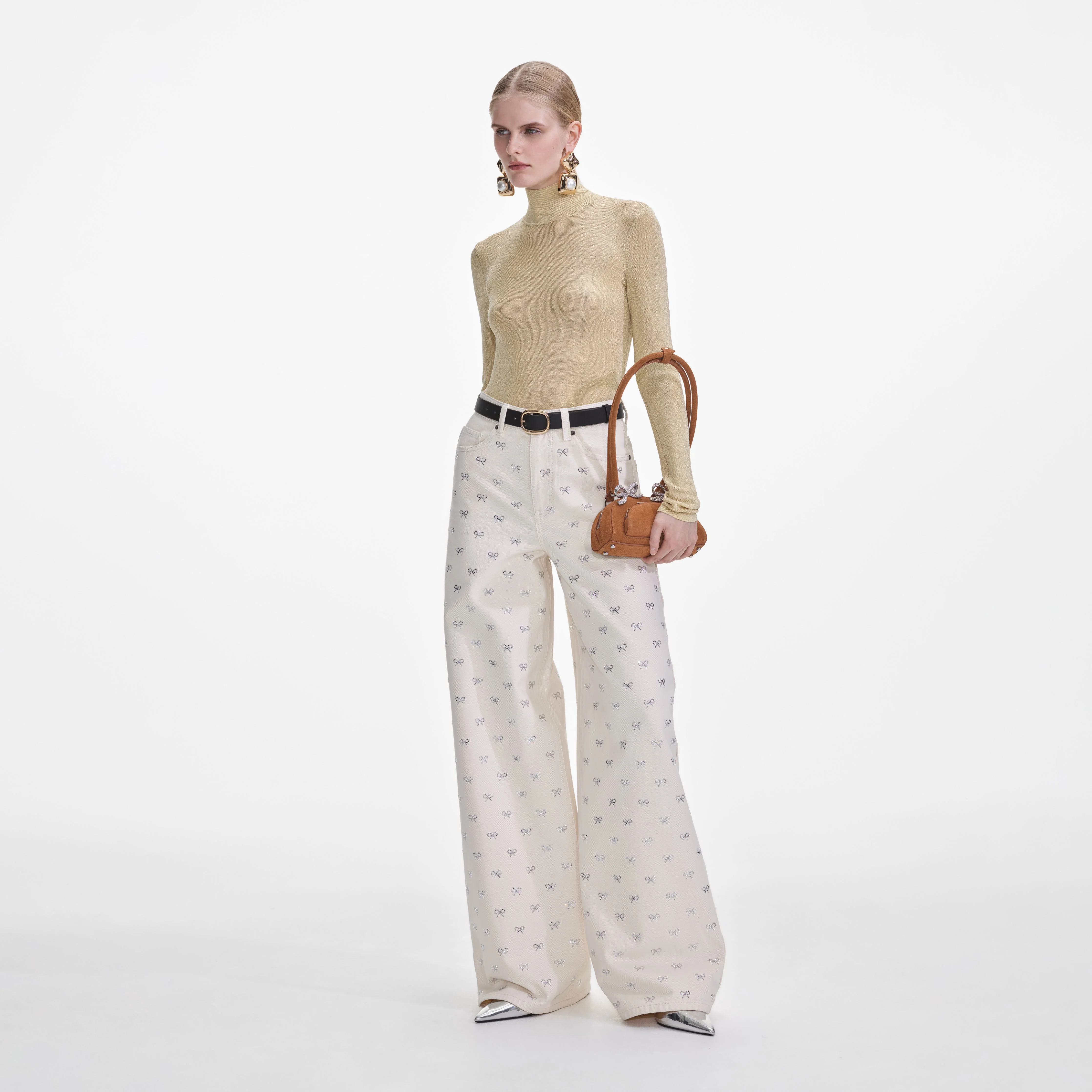 Cream Denim Diamante Bow Jeans