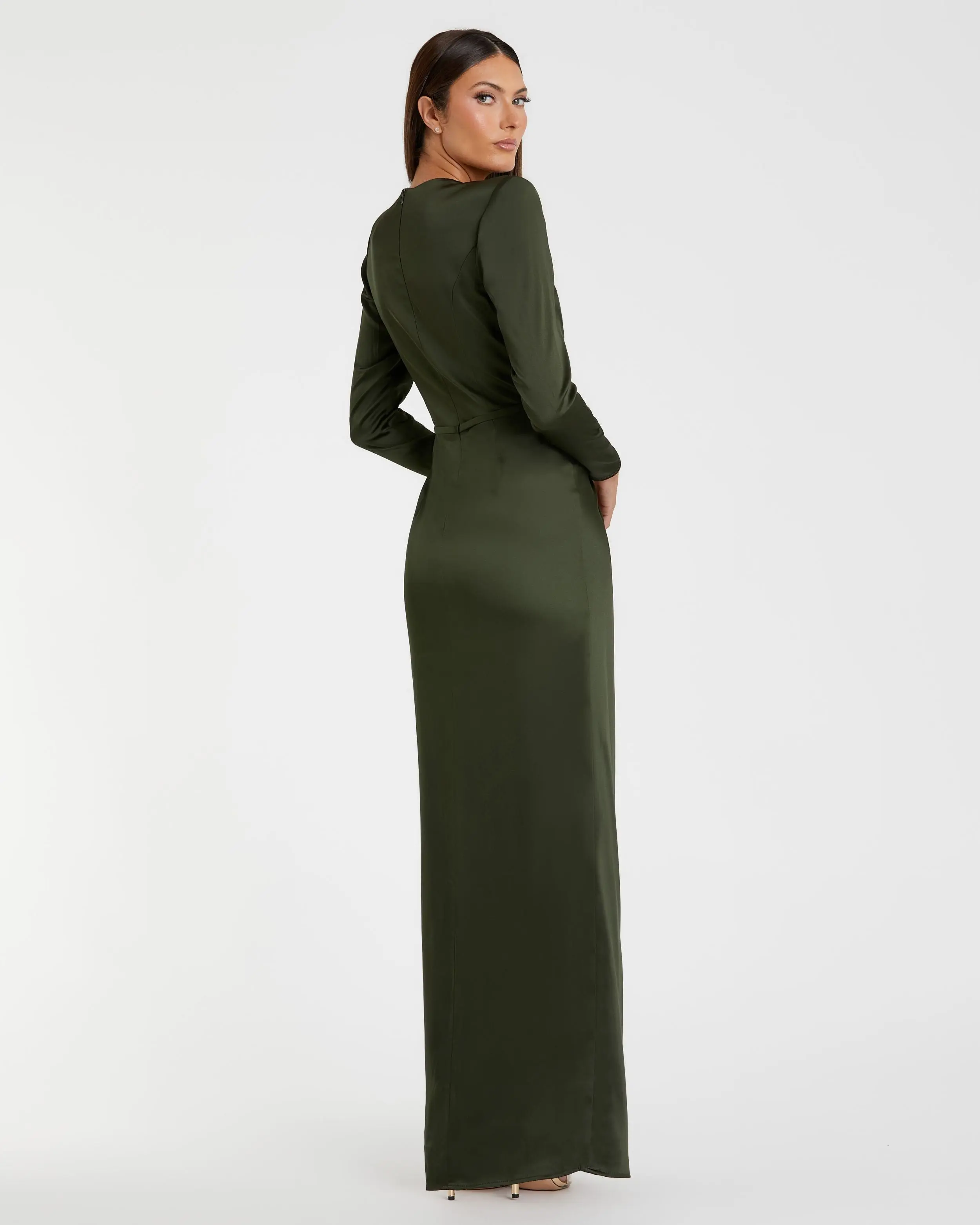 Green Long Sleeve Satin Structured Bow Draped Column Gown