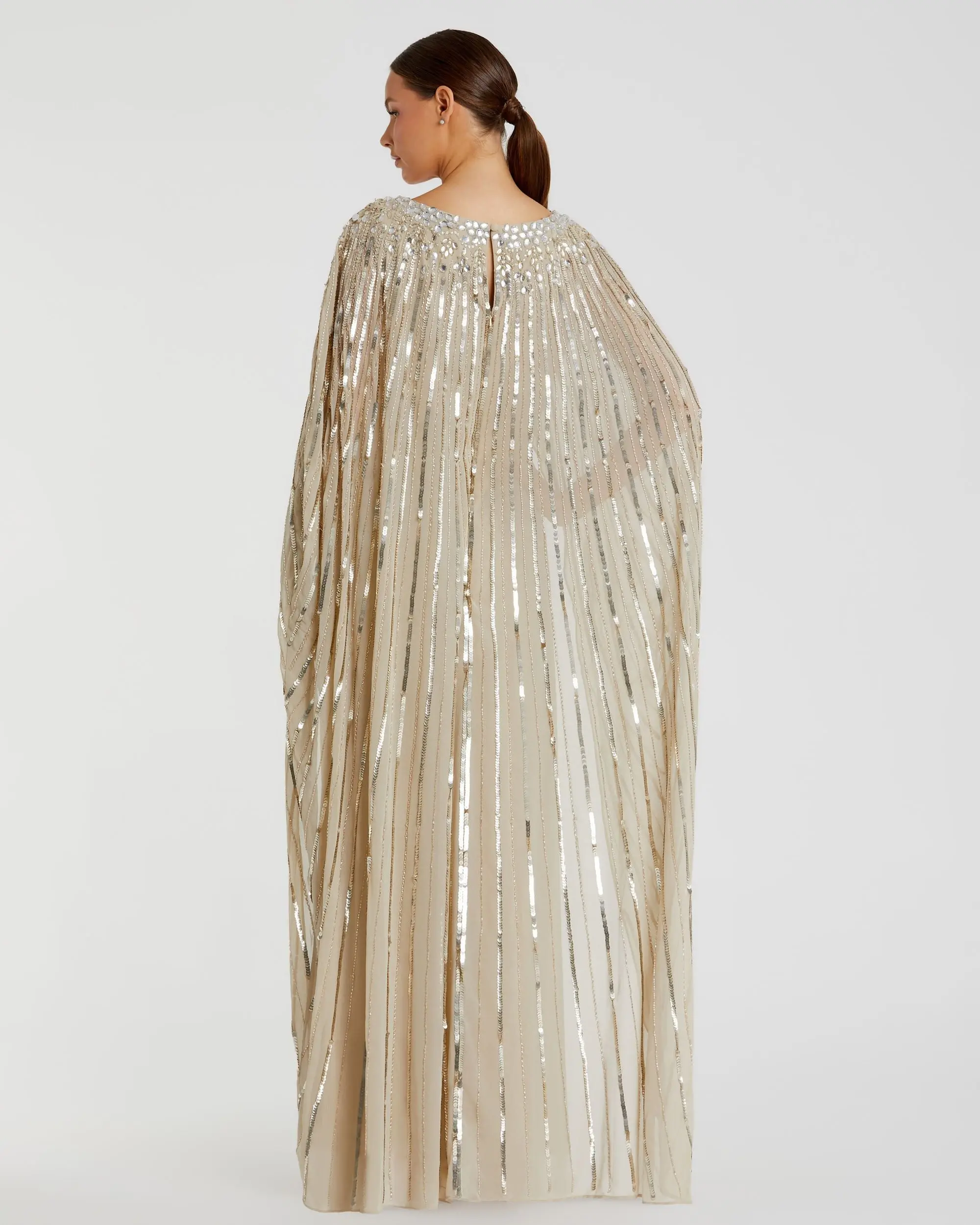 Gold Embellished Beaded Column Cape Gown