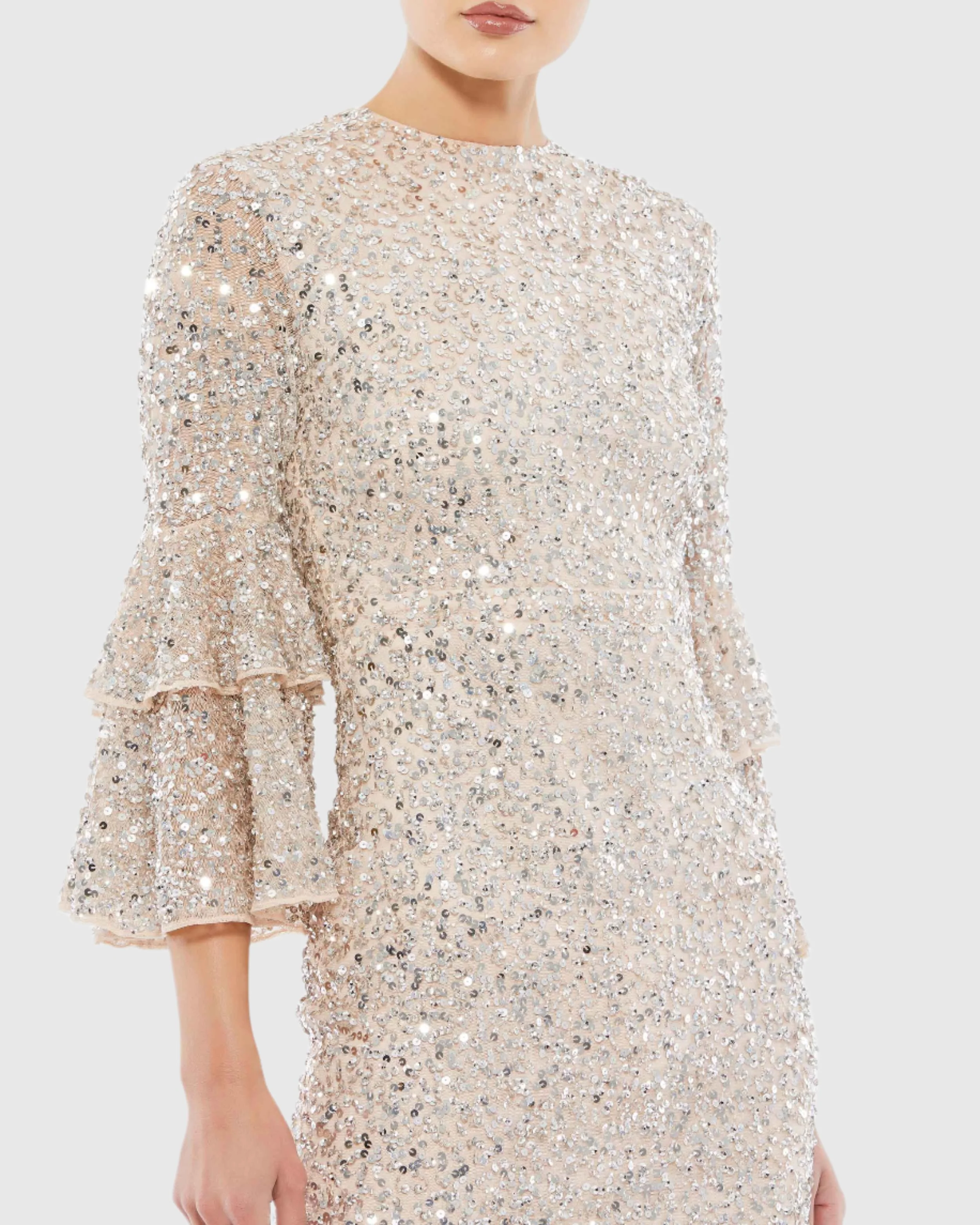 Beige and Silver Fully Sequined Ruffle Tiered 3/4 Sleeve Midi Dress