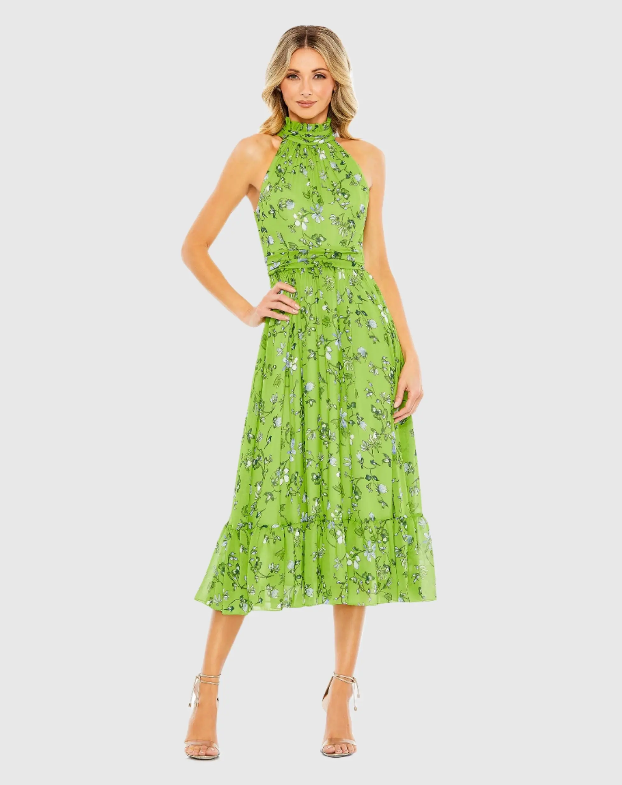 Green Floral Print Halter Neck A Line Dress