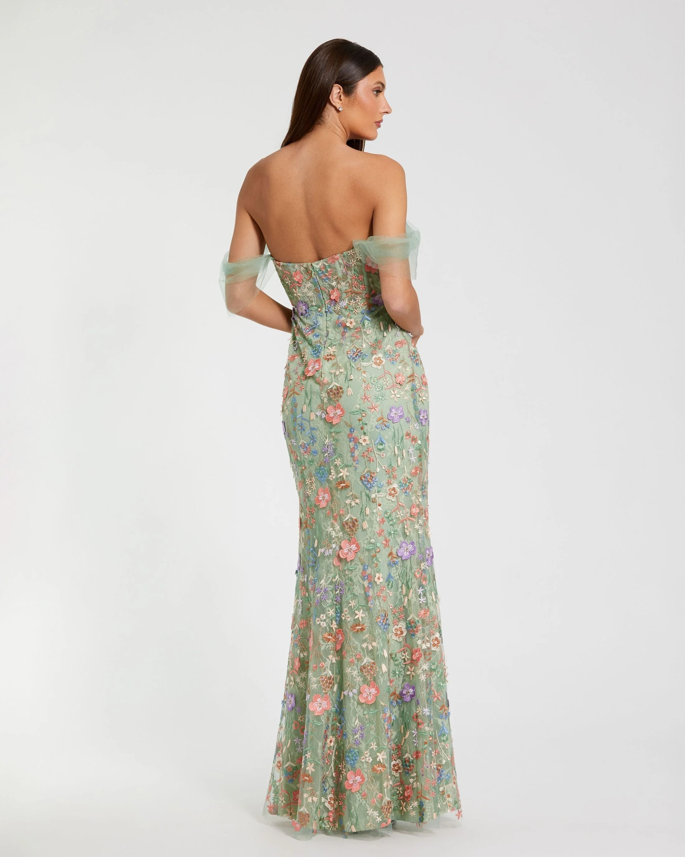 Green Off-the-Shoulder Bustier Floral Column Gown