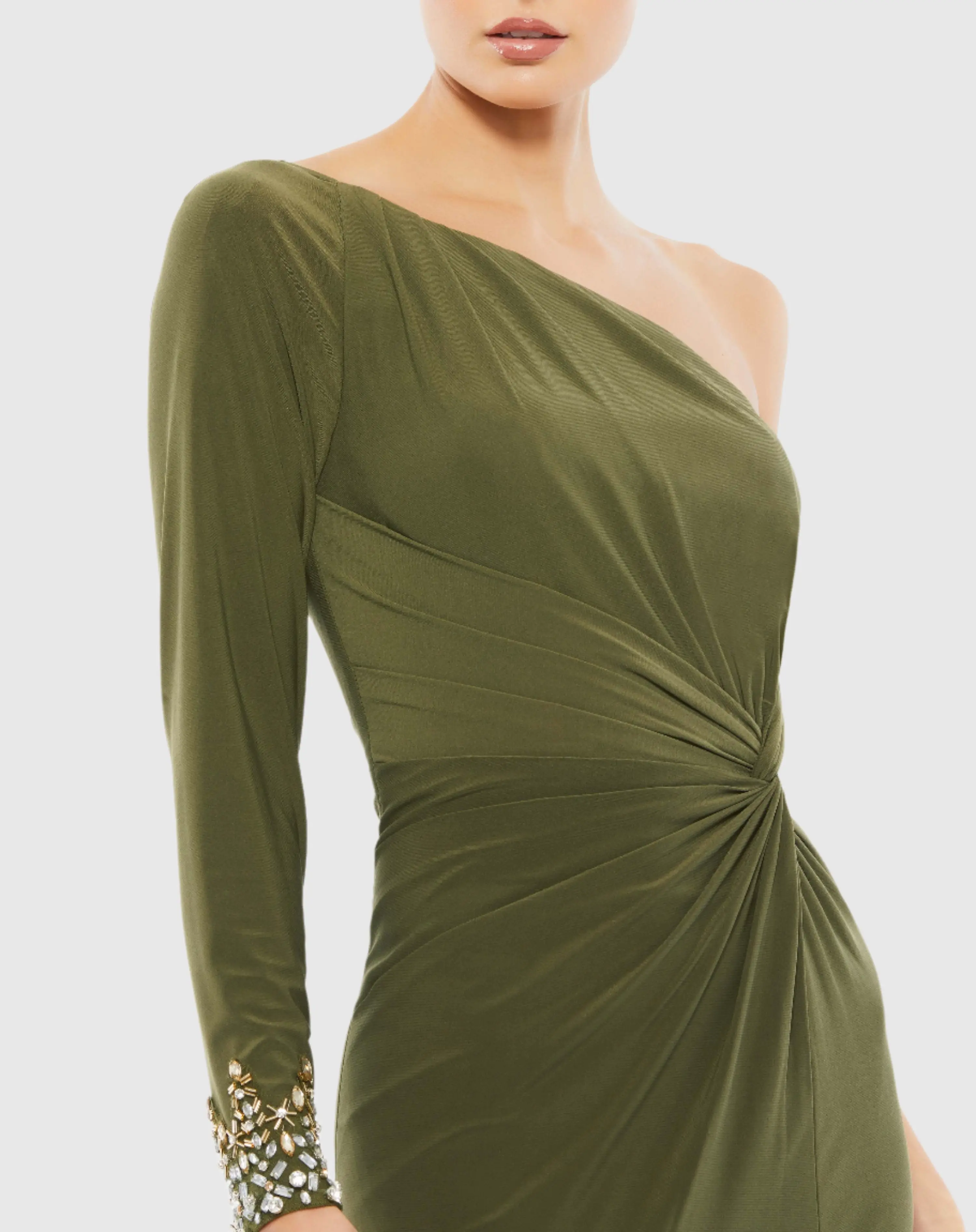 Green One Sleeve Beaded Cuff Side Twist Gown