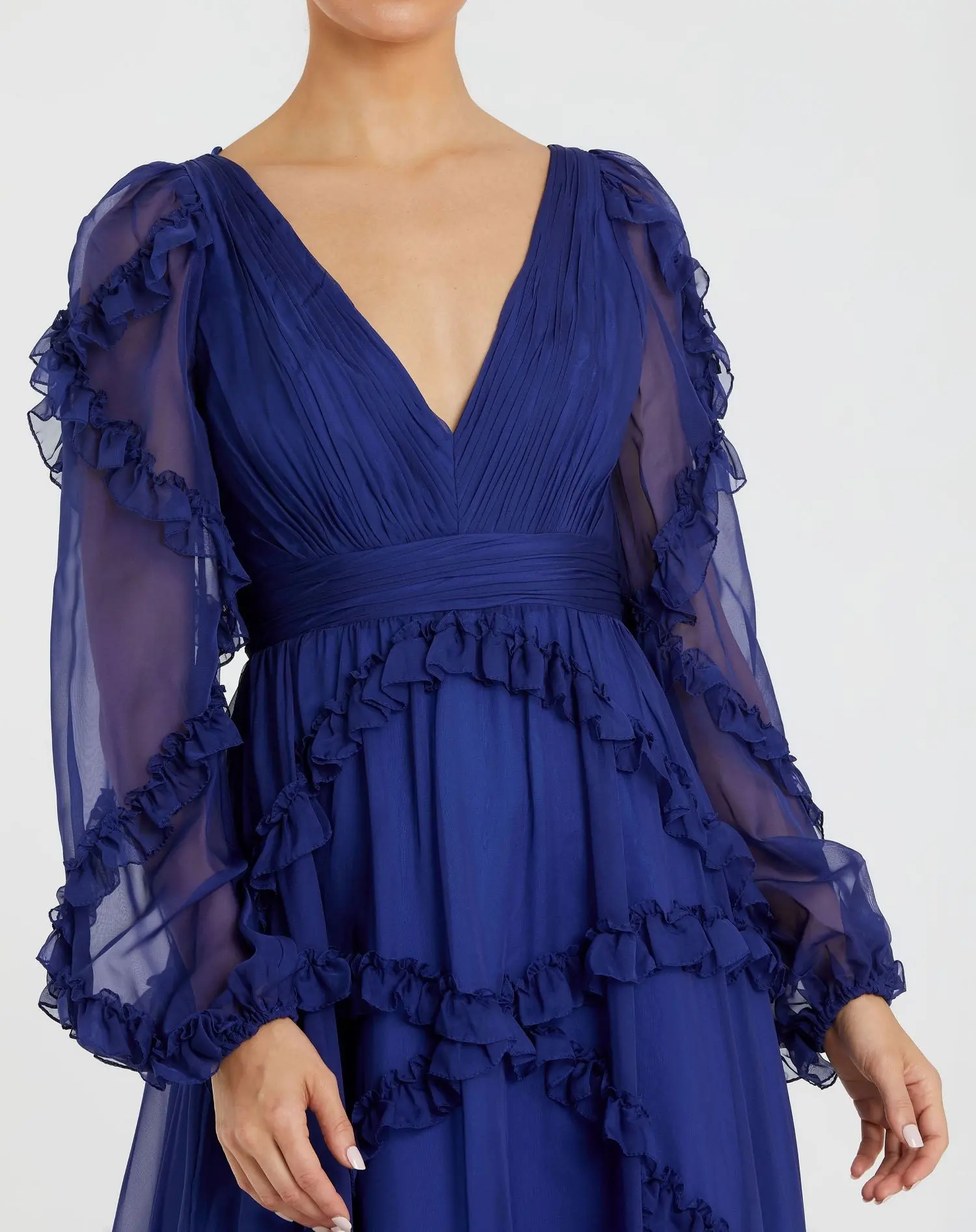Blue Cascade Ruffle Puff Sleeve A Line Gown