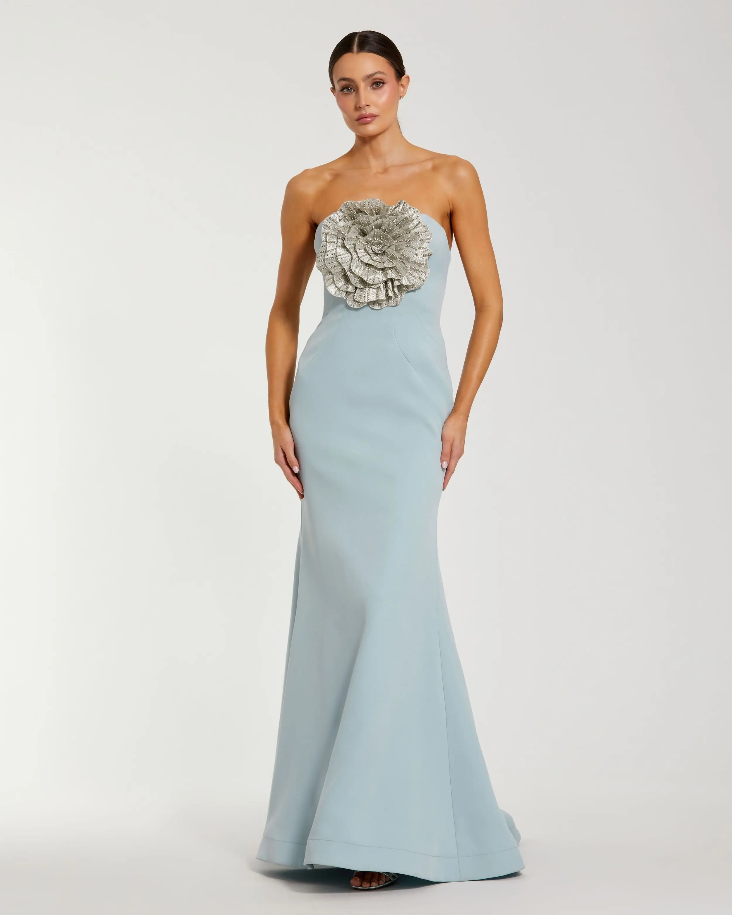 Blue Strapless Trumpet Gown with 3D Rhinestone Flower