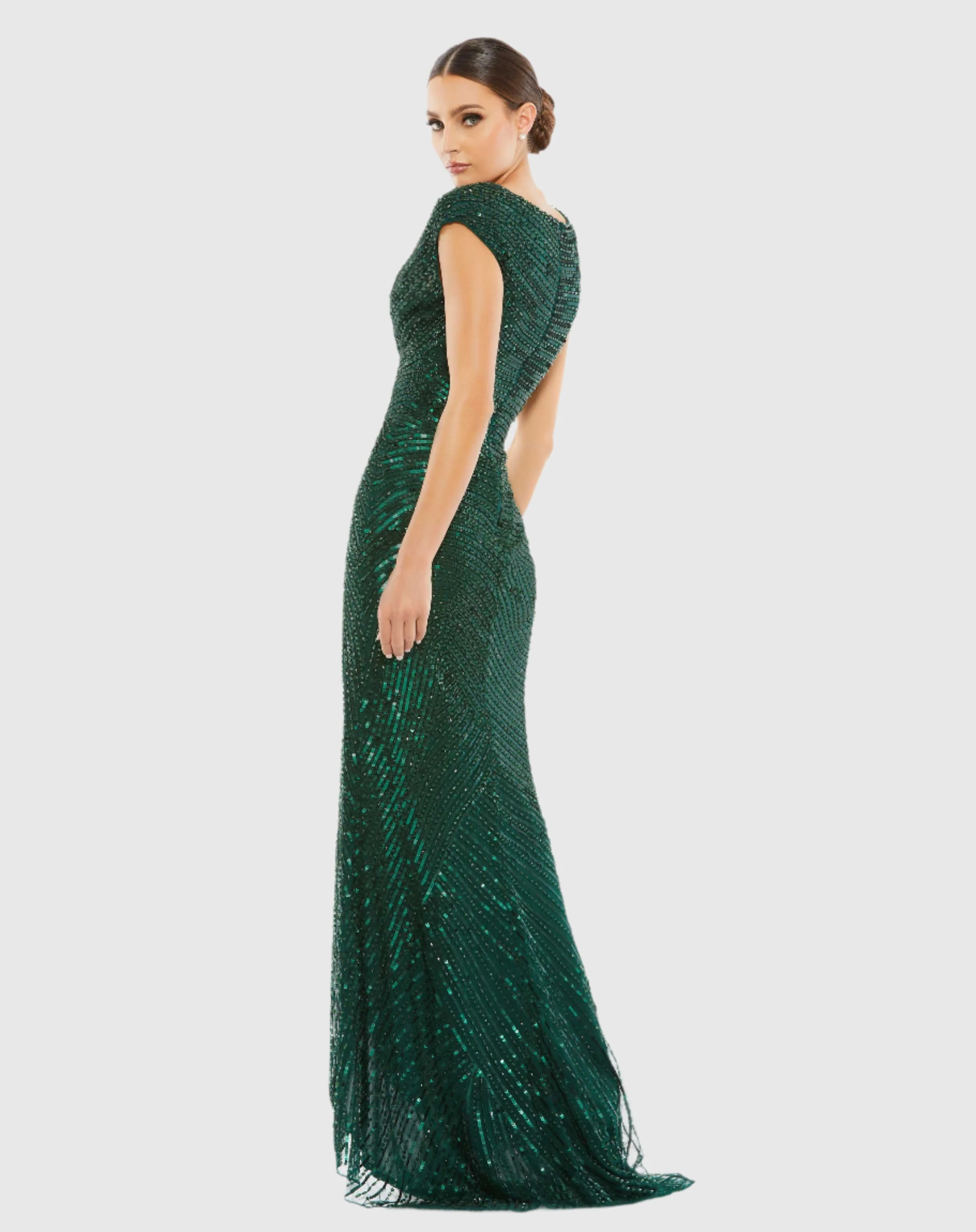 Green Cap Sleeve Sequined Evening Gown