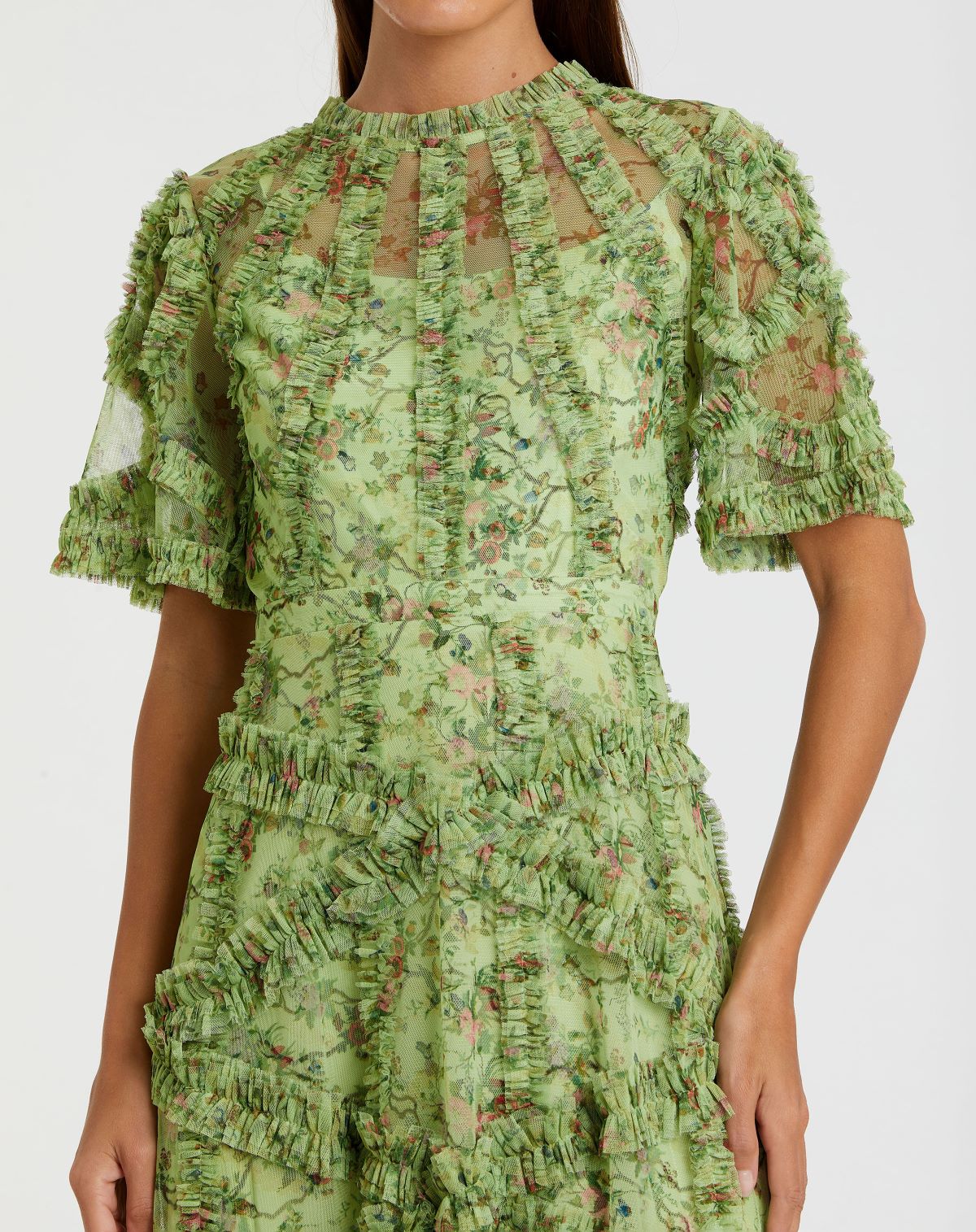 Green Floral Flutter Sleeve Mesh Print Dress