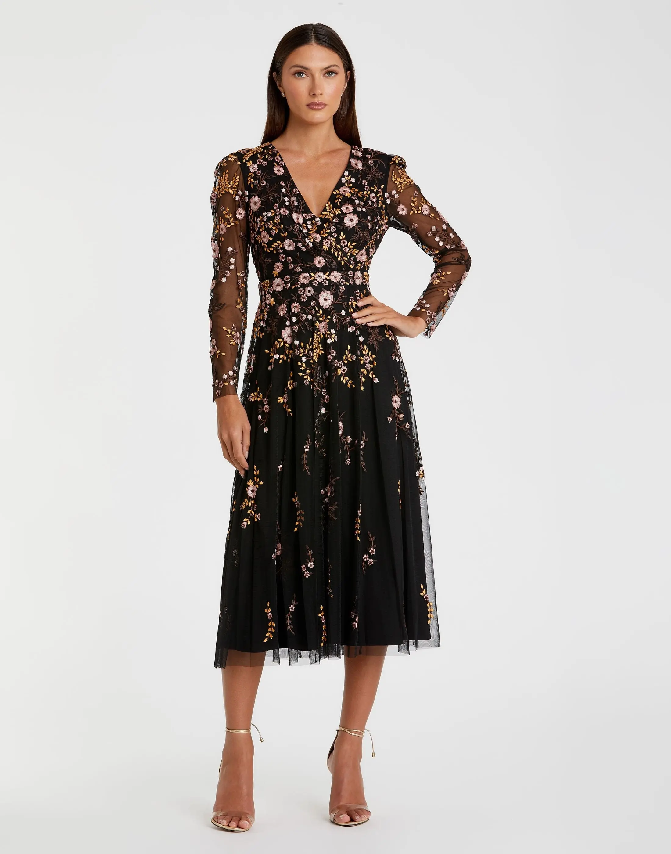 Black Multicolor Floral Embroidered A-Line Cocktail Dress