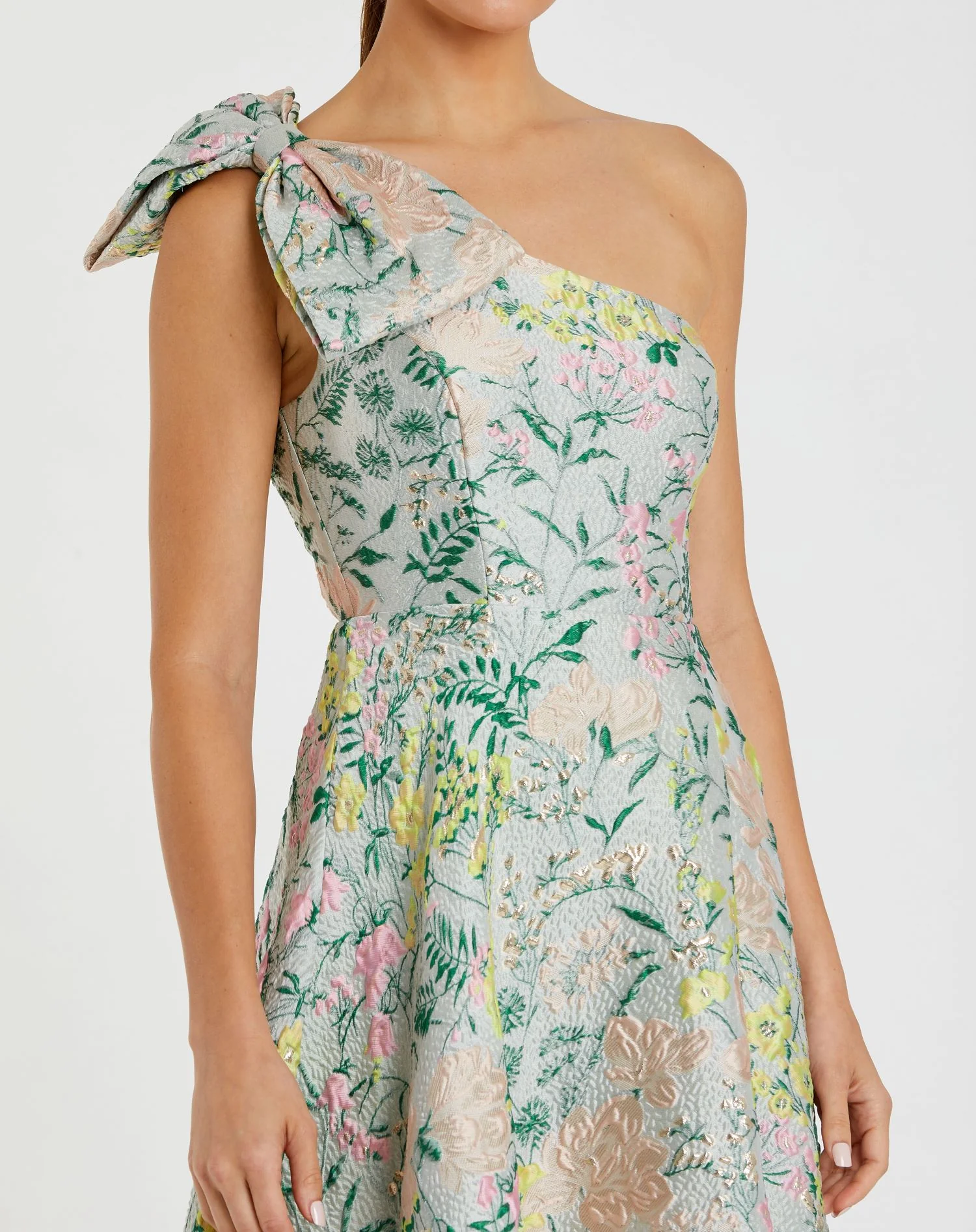 Multicolor One Shoulder Brocade Floral Dress With Bow
