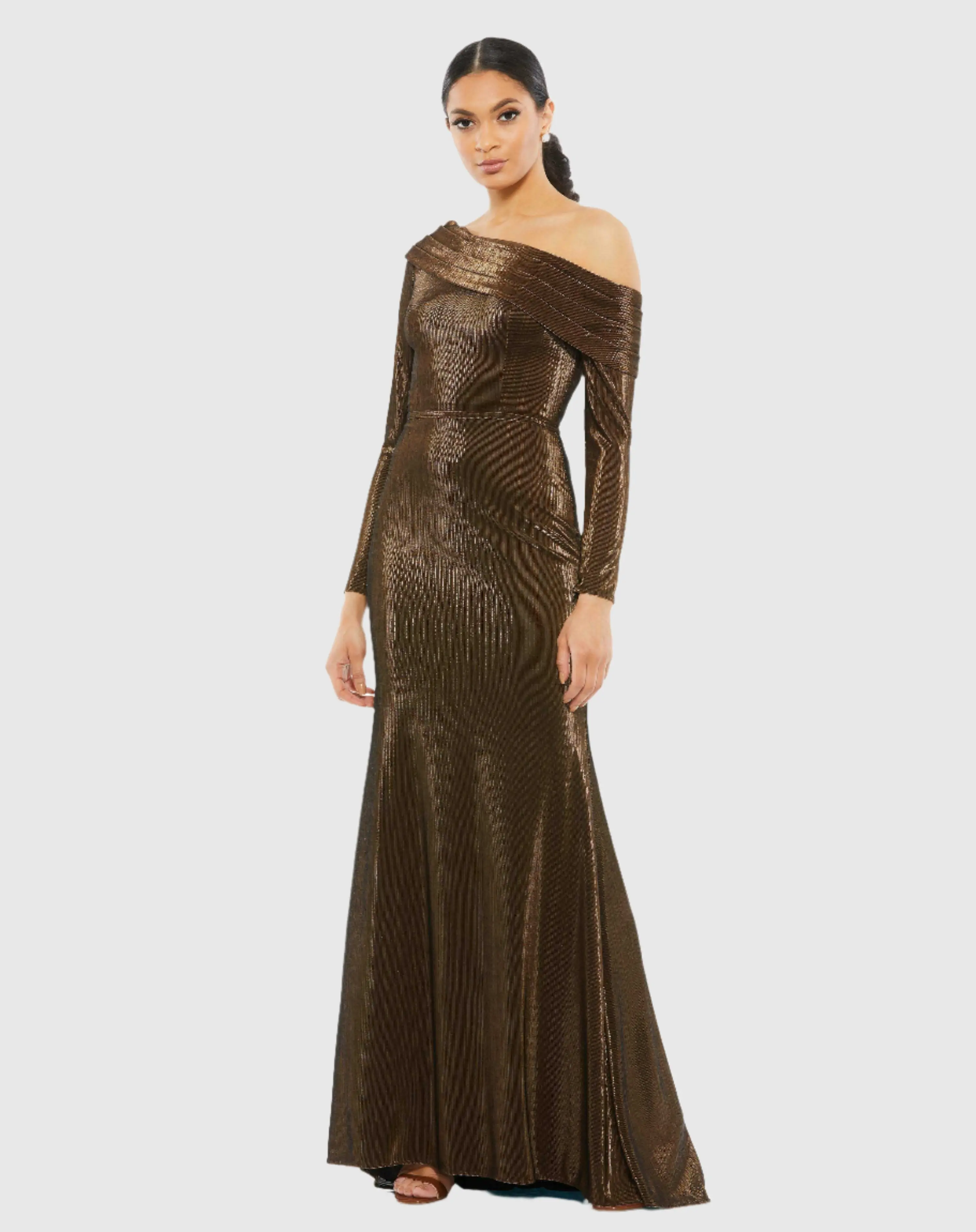 Brown Textured Metallic Off-the-Shoulder Trumpet Gown