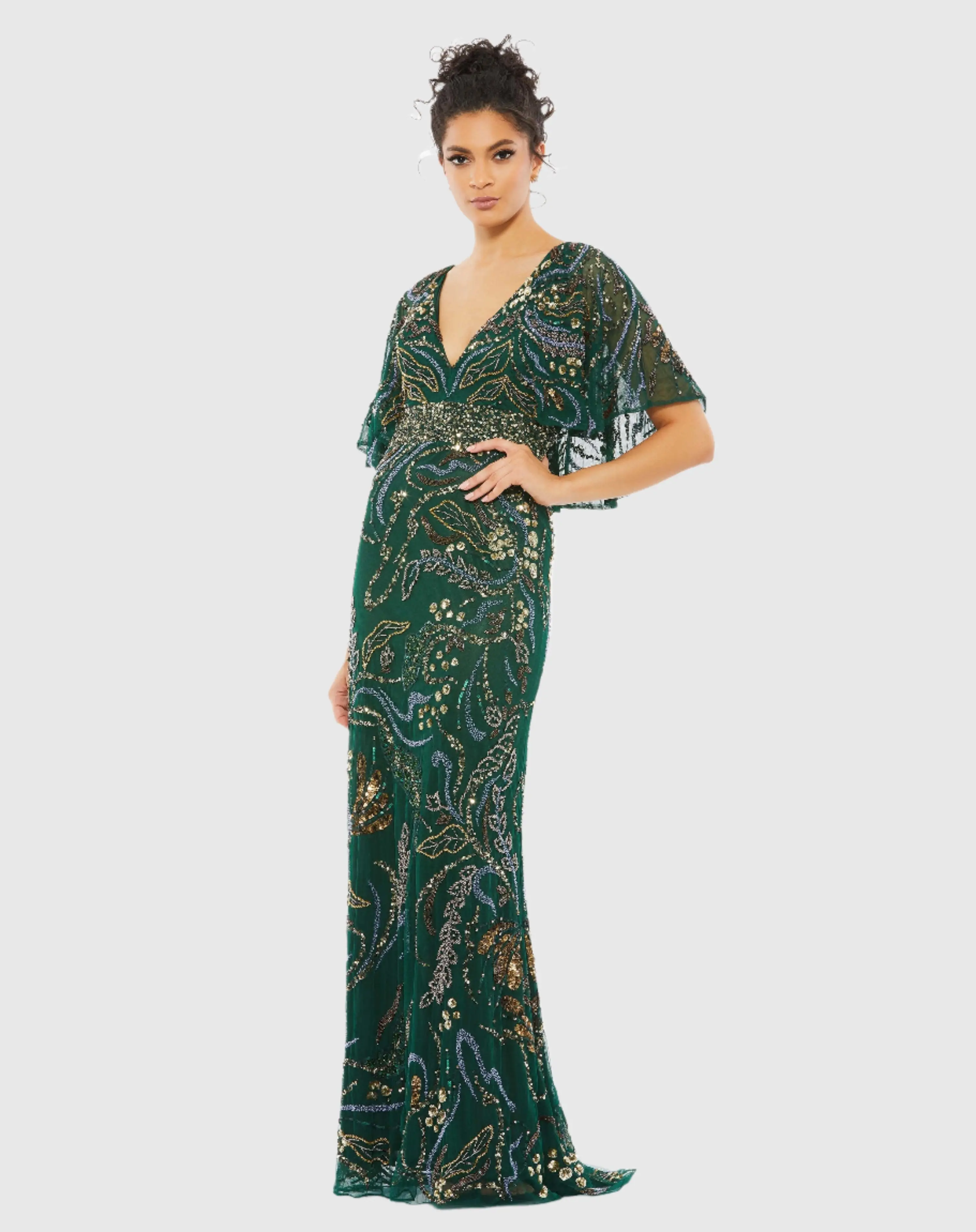 Green Embellished V Neck Cape Sleeve Column Gown