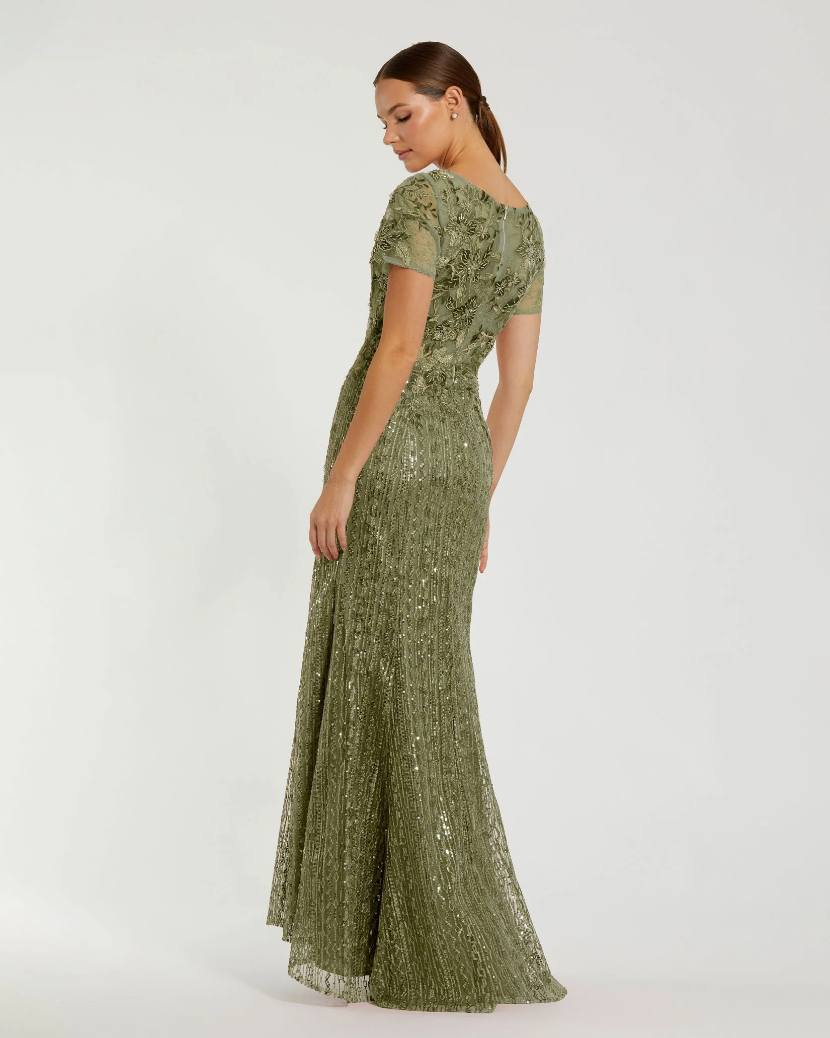 Green Embellished V Neck Cap Sleeve Trumpet Gown