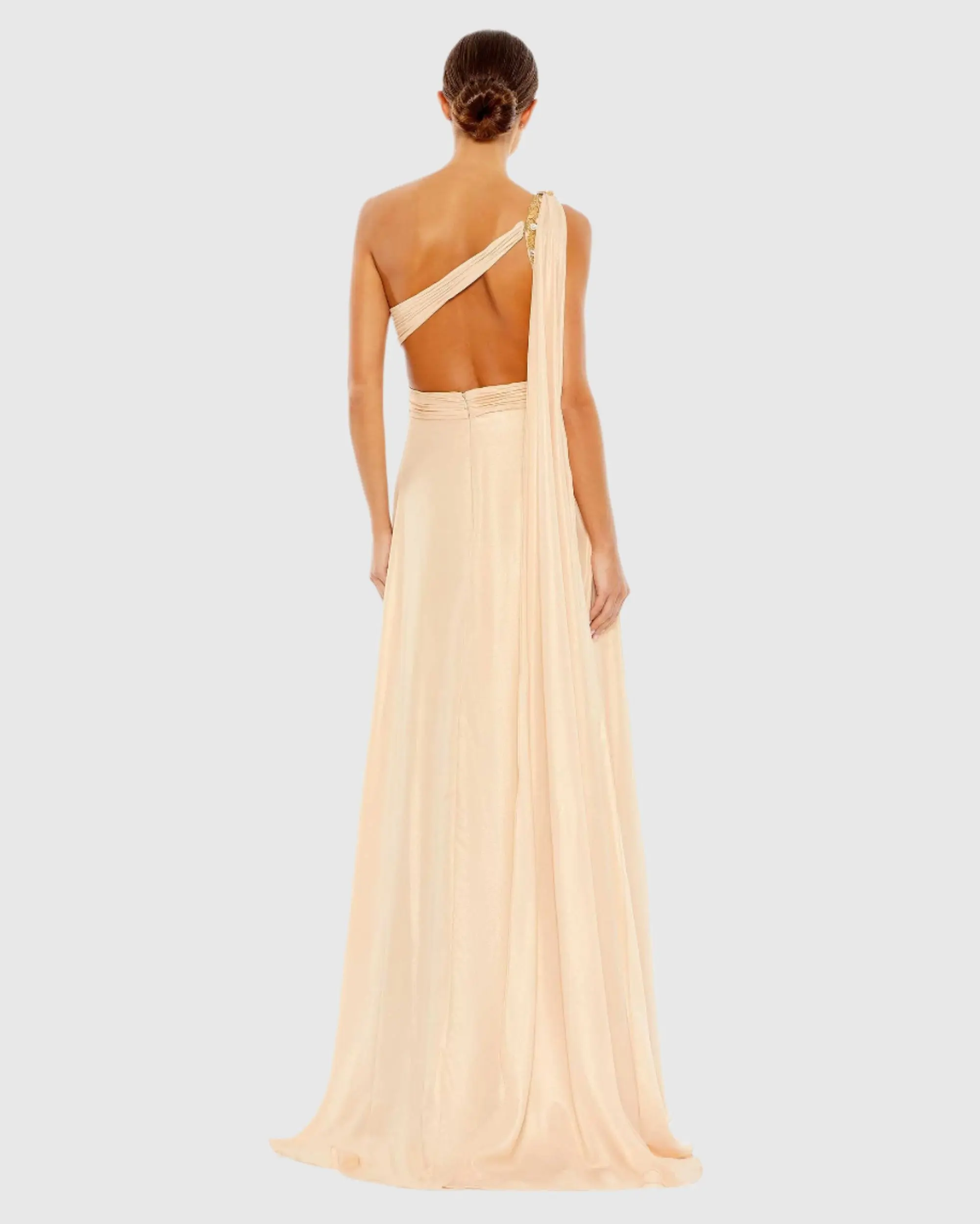 Beige One Shoulder Open Back Flowy Gown