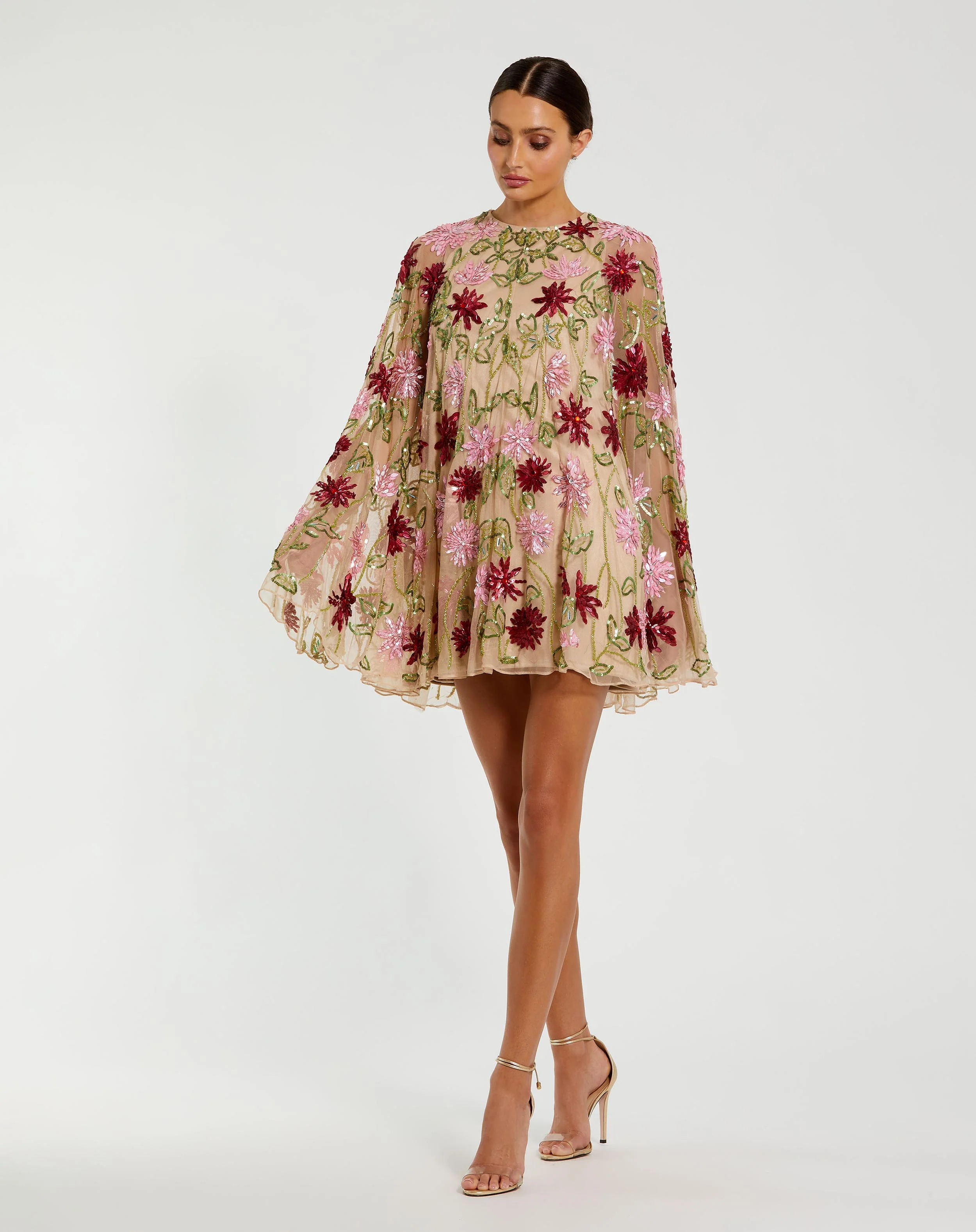 Beige Floral Embellished Shawl Mini Dress