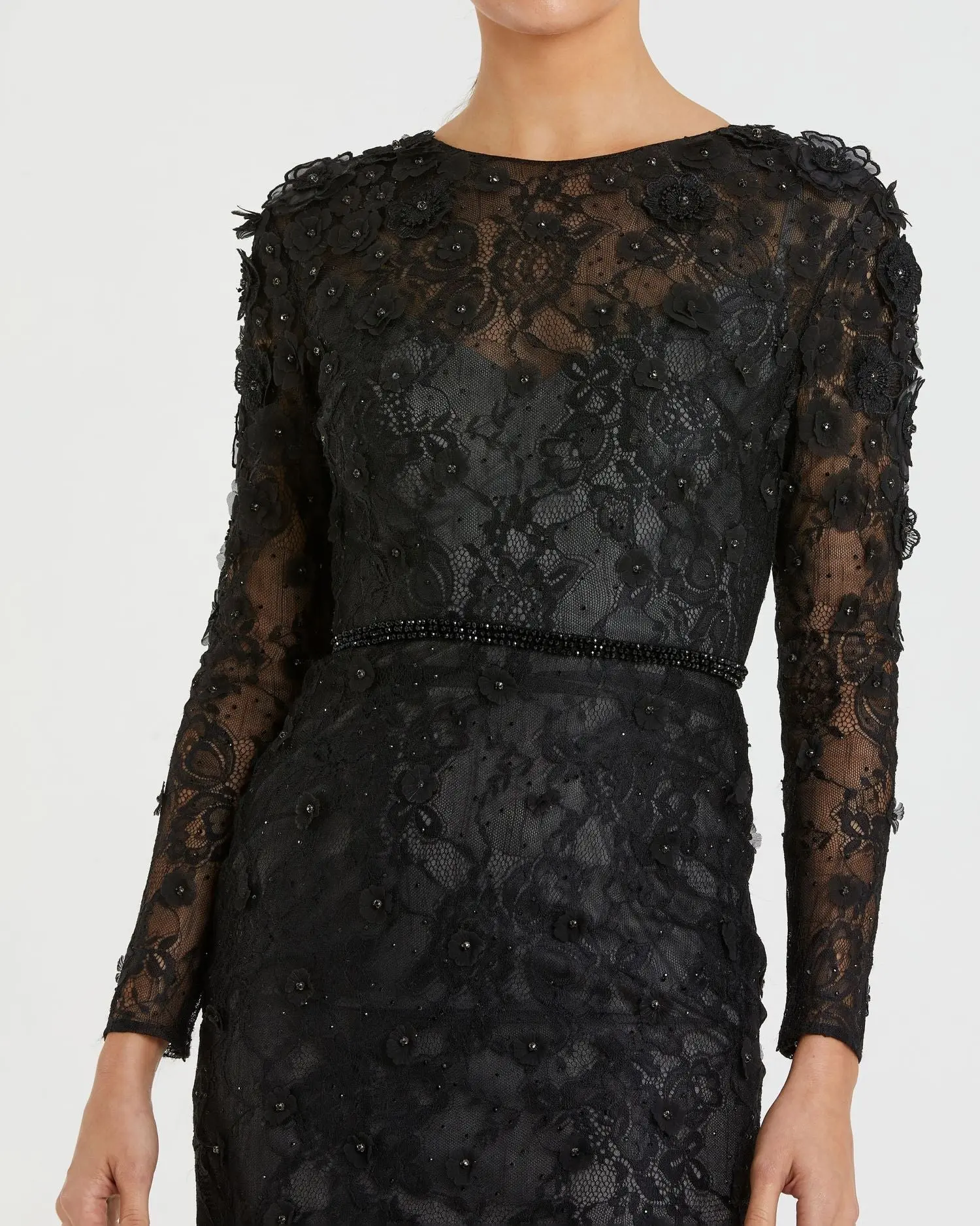 Black Floral Appliqué Long Sleeve Cocktail Dress