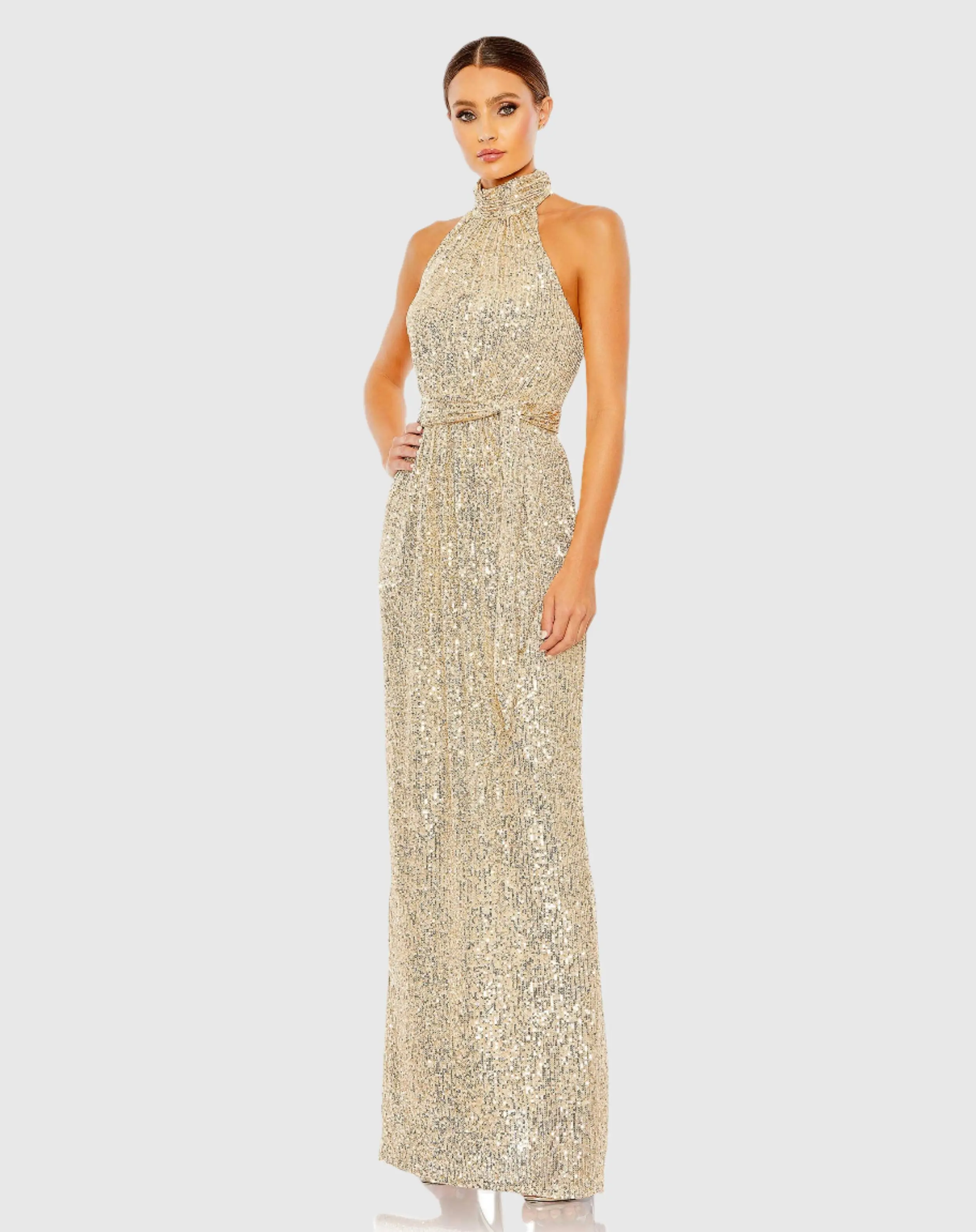 Gold Sequined Halter Neck Belted Soft Tie Gown