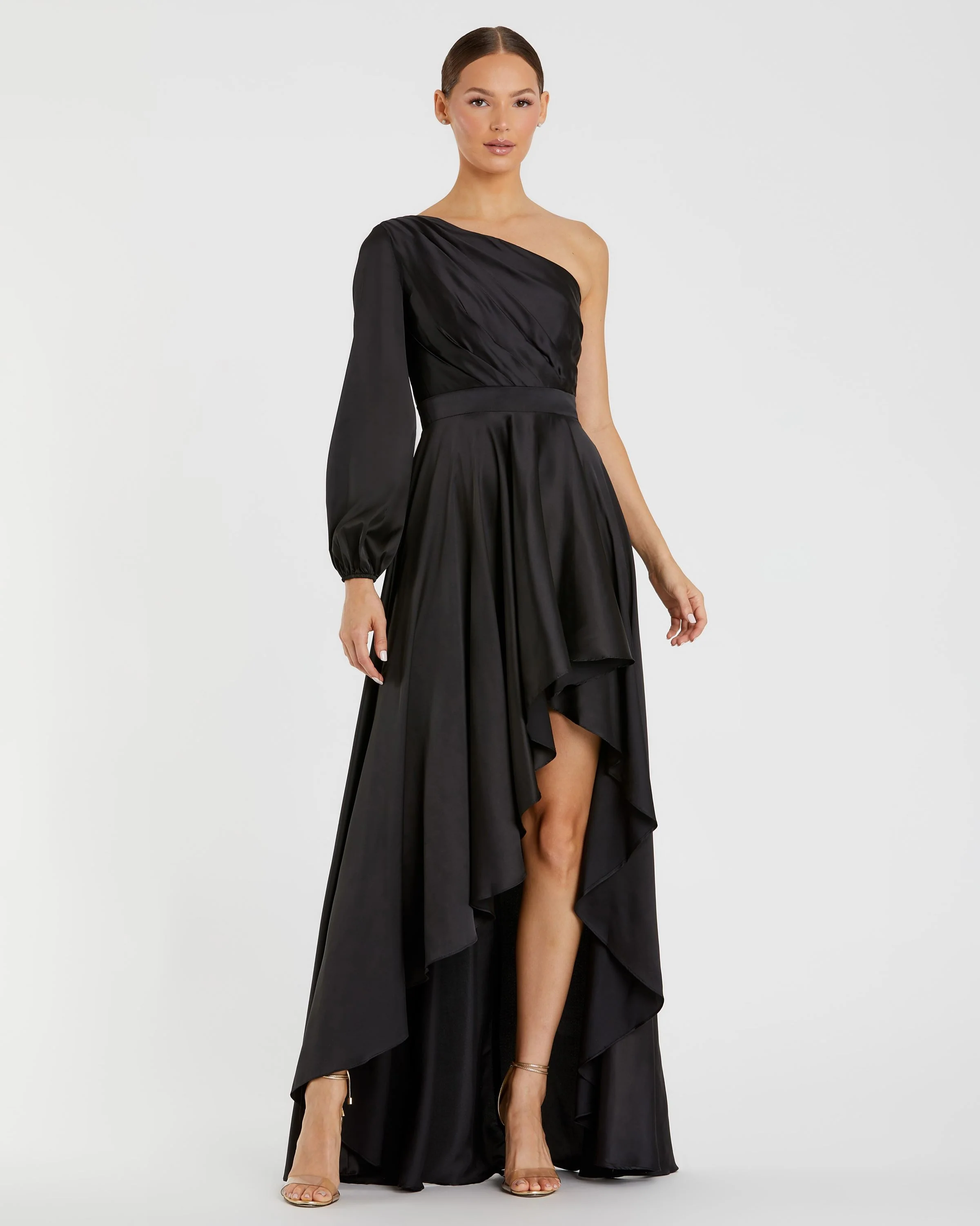 Black Long Sleeve One Shoulder Satin High Low A-line Gown