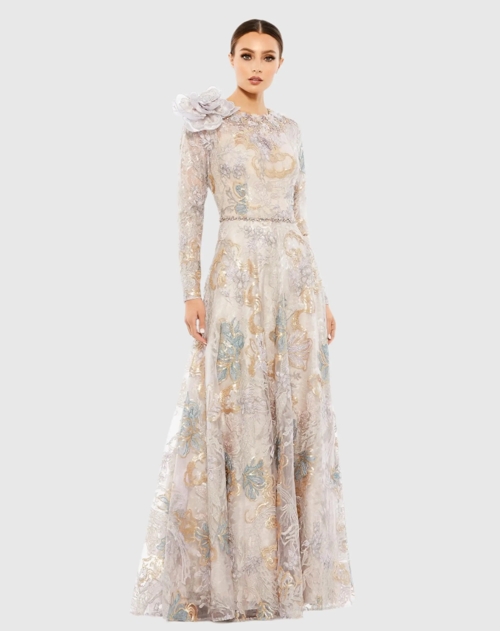 Beige Embellished Long Sleeve High Neck Rose Applique Gown