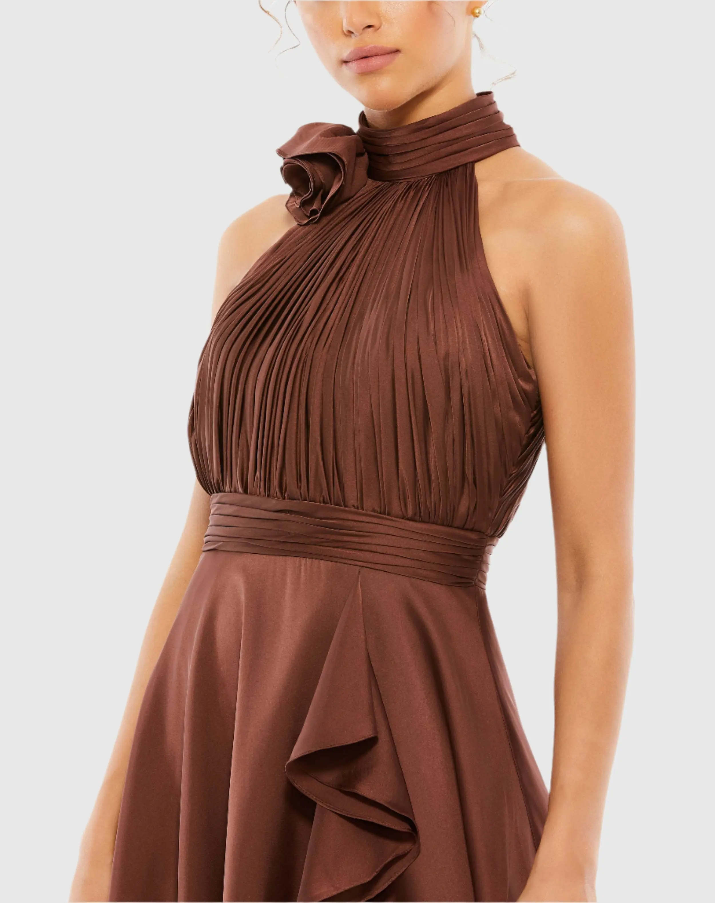 Brown Halter Neck Flower Detail Ruffled Midi Dress