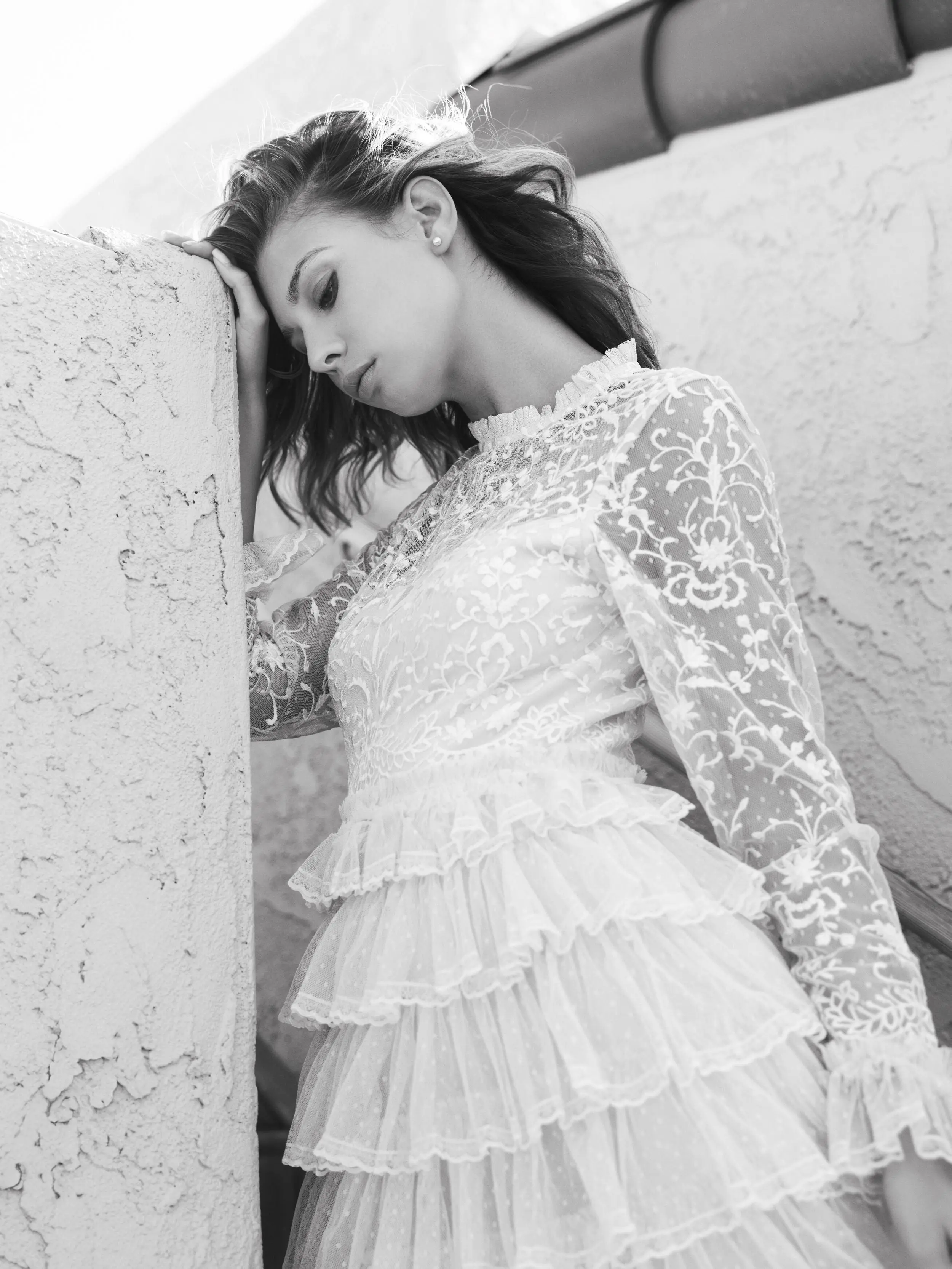 Blue Embroidered Long Sleeve Ruffled Tiered Dress