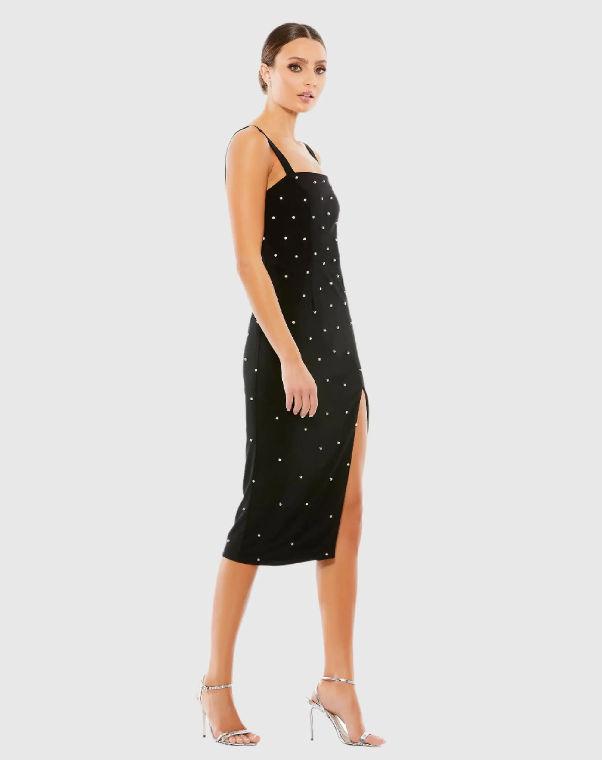 Black Sleeveless Rhinestone Encrusted Square Neck Midi Dress