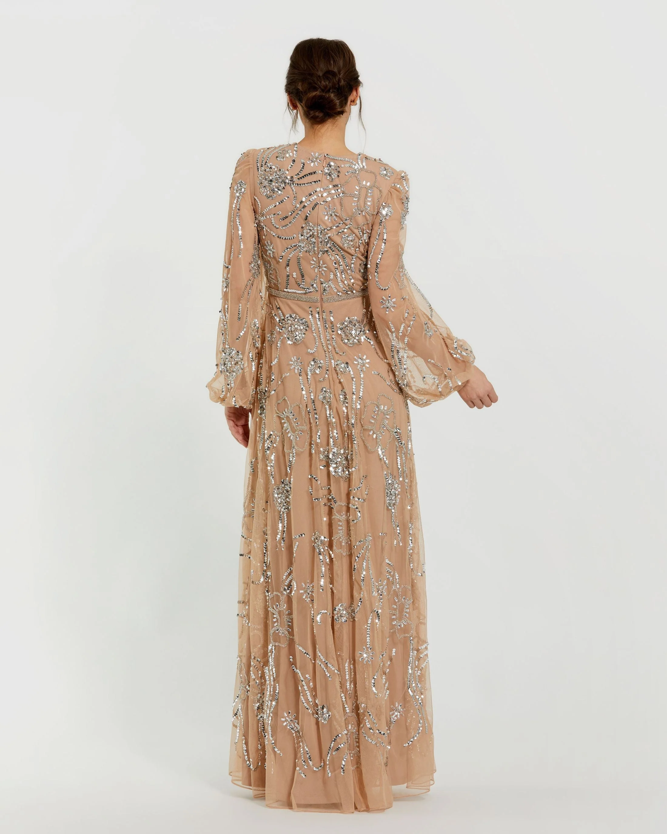 Beige Embellished High Neck Puff Sleeve Gown