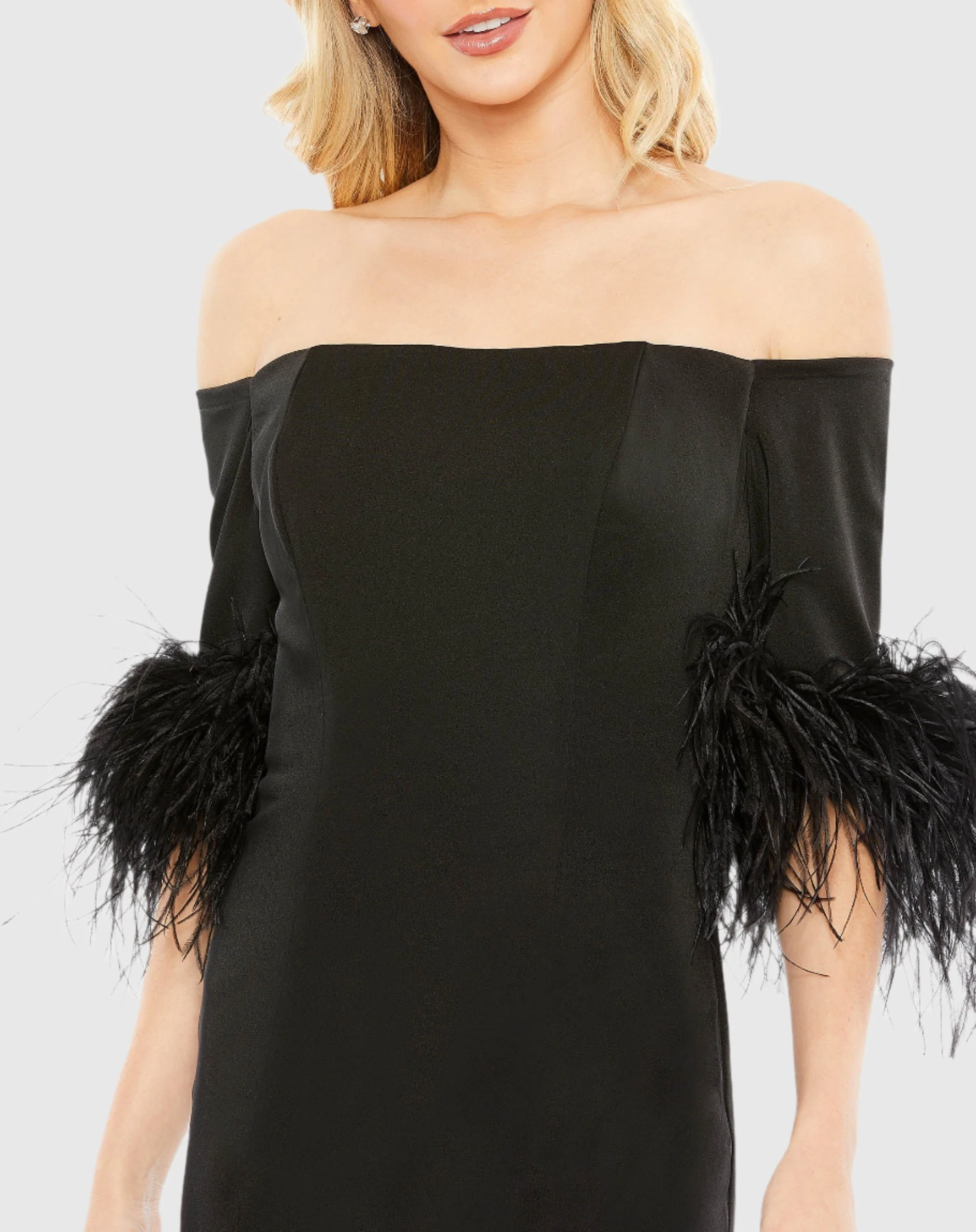 Black Feather Trim Off The Shoulder Column Gown