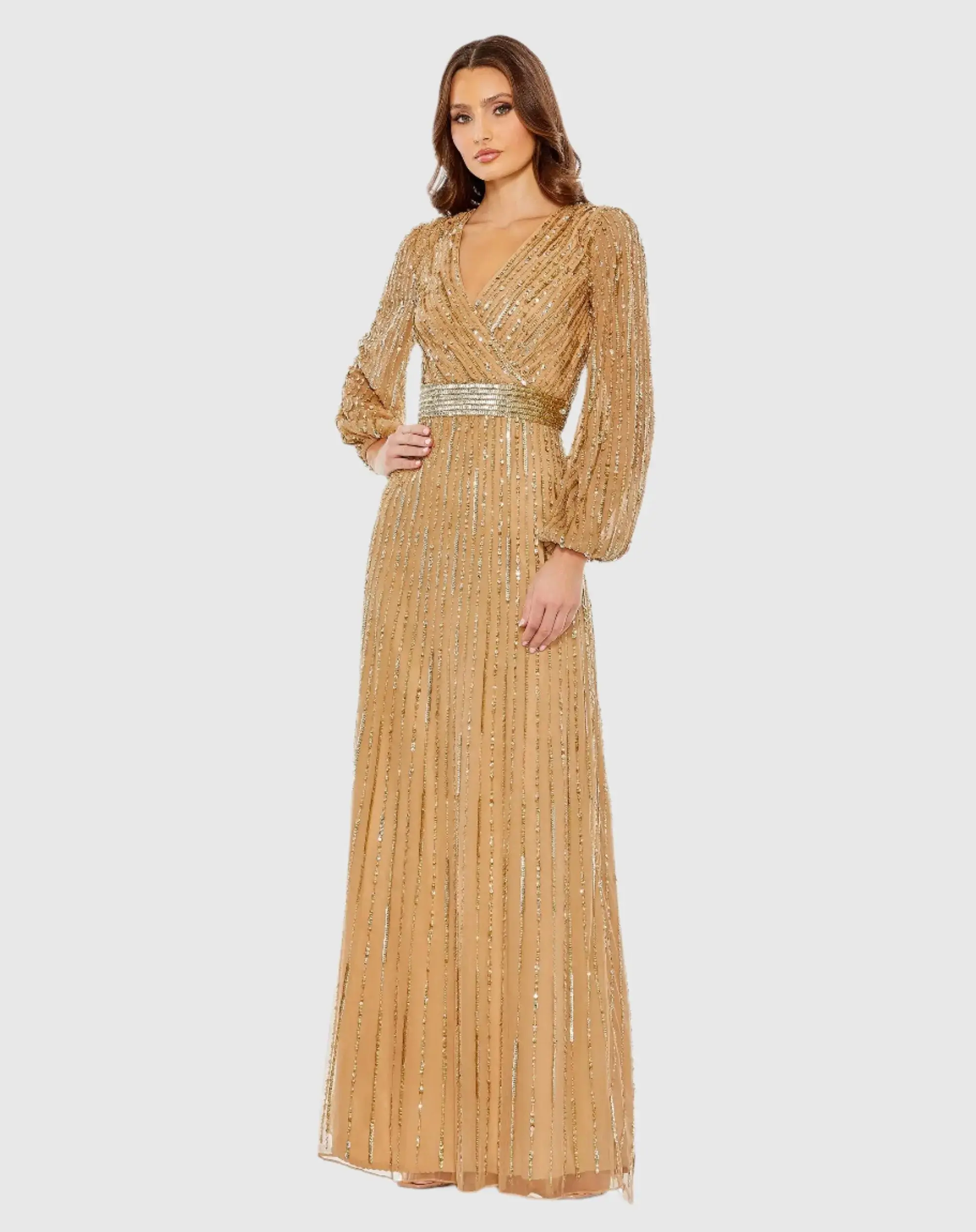 Gold Wrap Over Puff Sleeve Embellished Gown