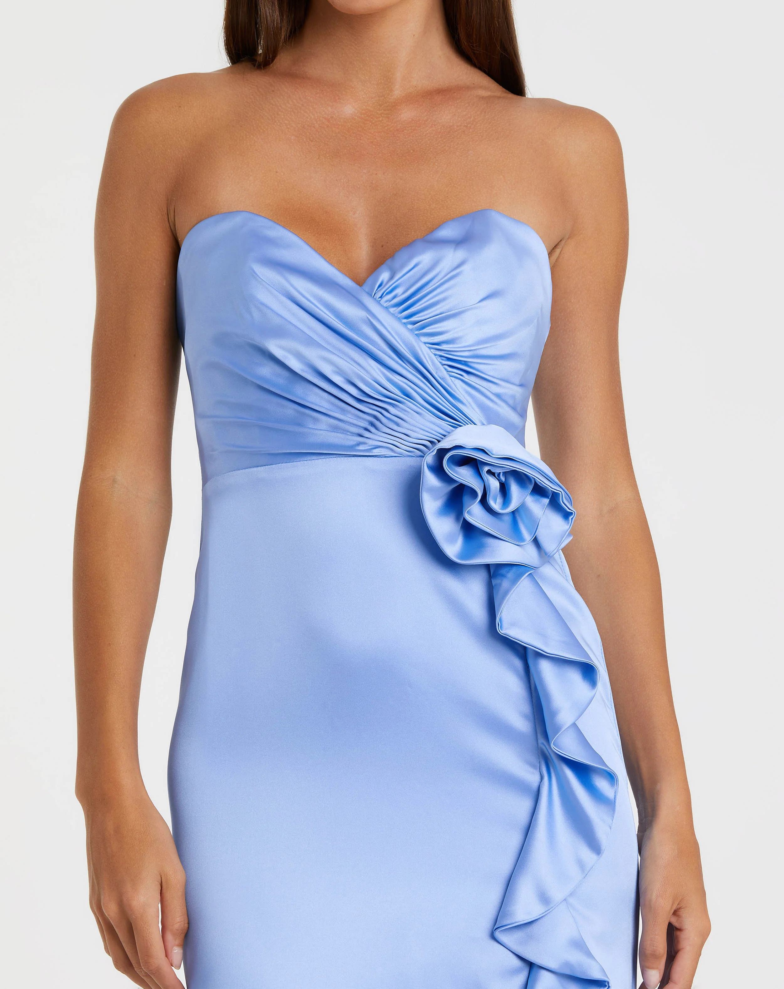 Blue Strapless Satin Column Gown With 3D Flower