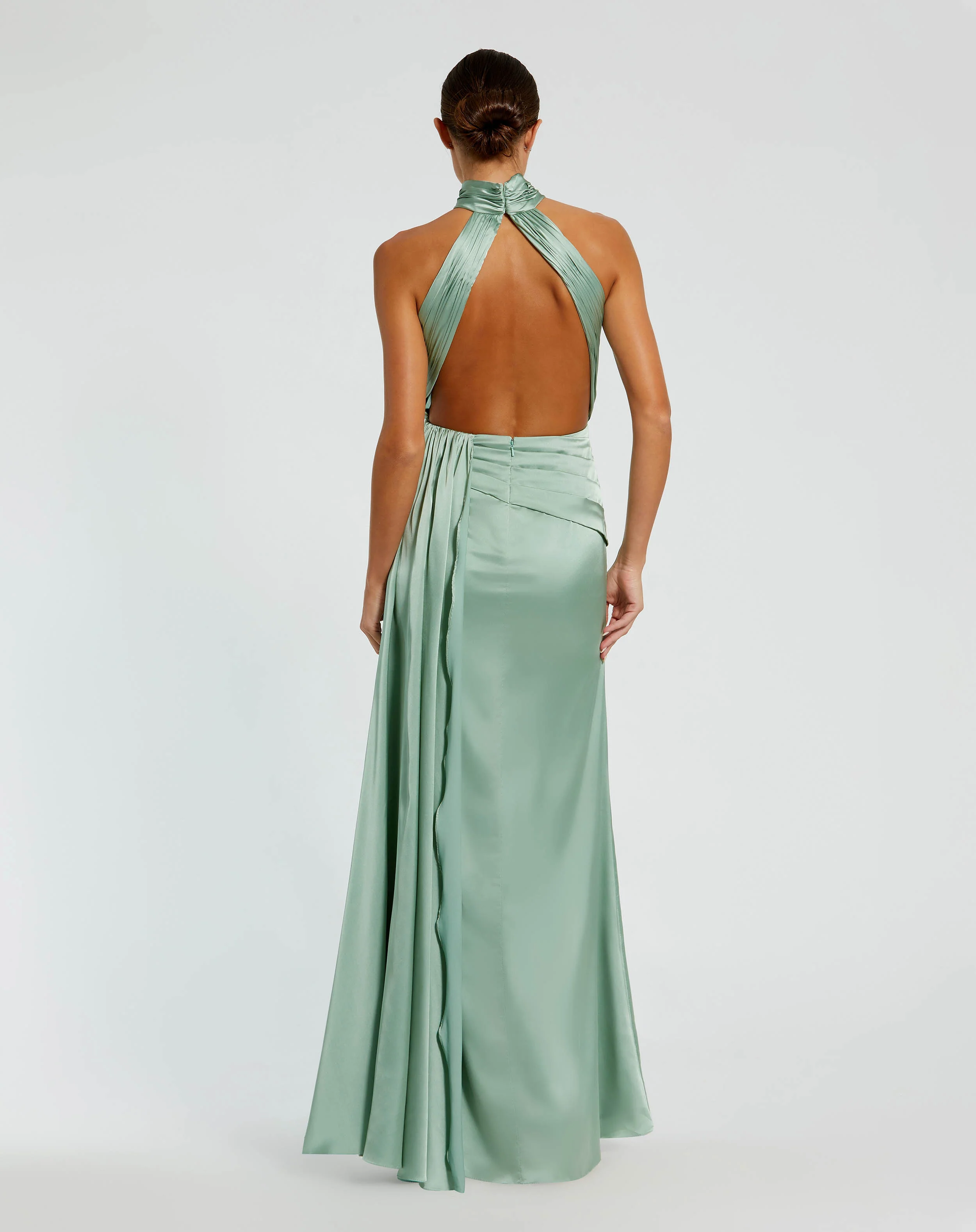 Green Open Back High Neck Side Ruched Gown