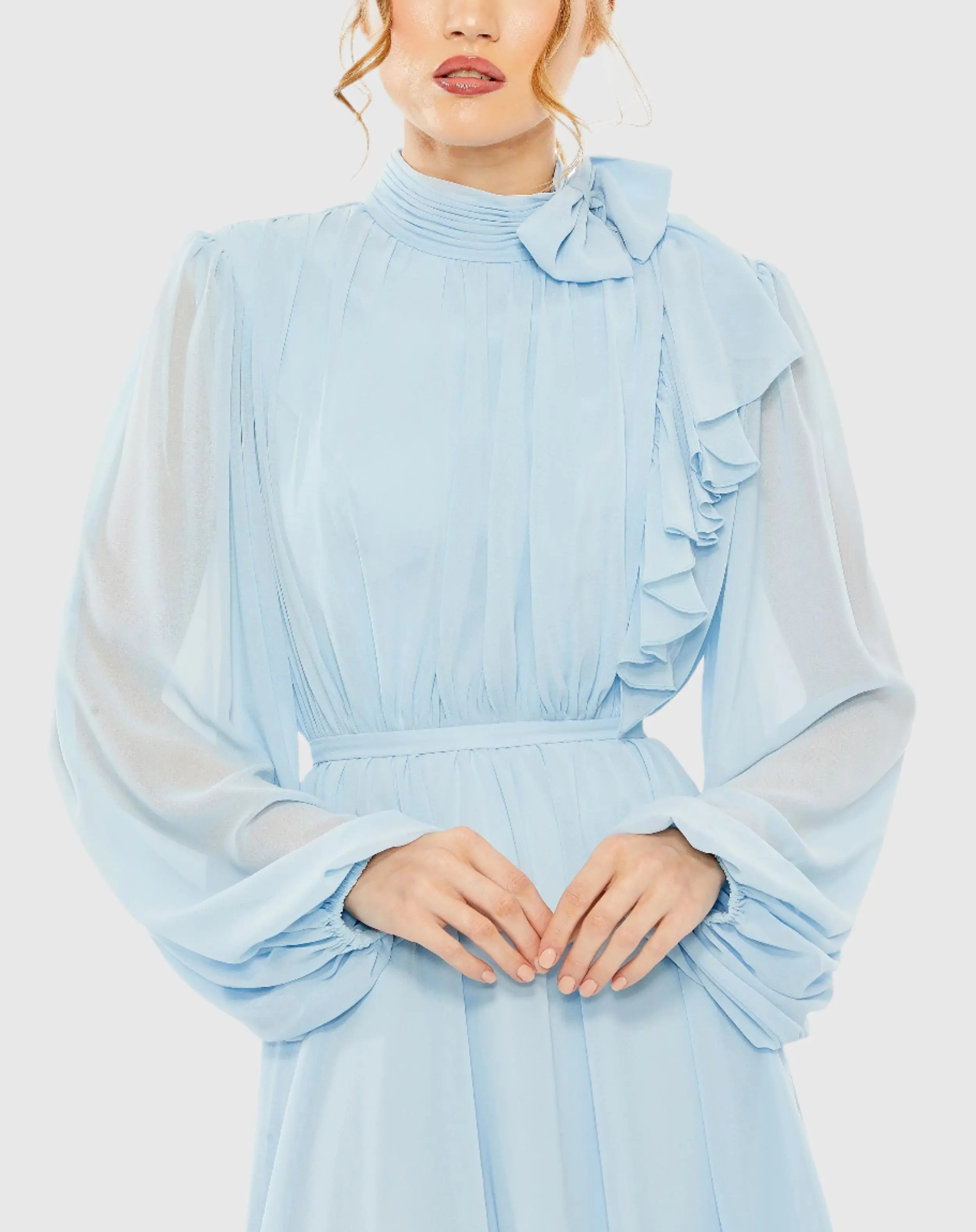 Blue Draped High Neck Long Sleeve Mini Dress