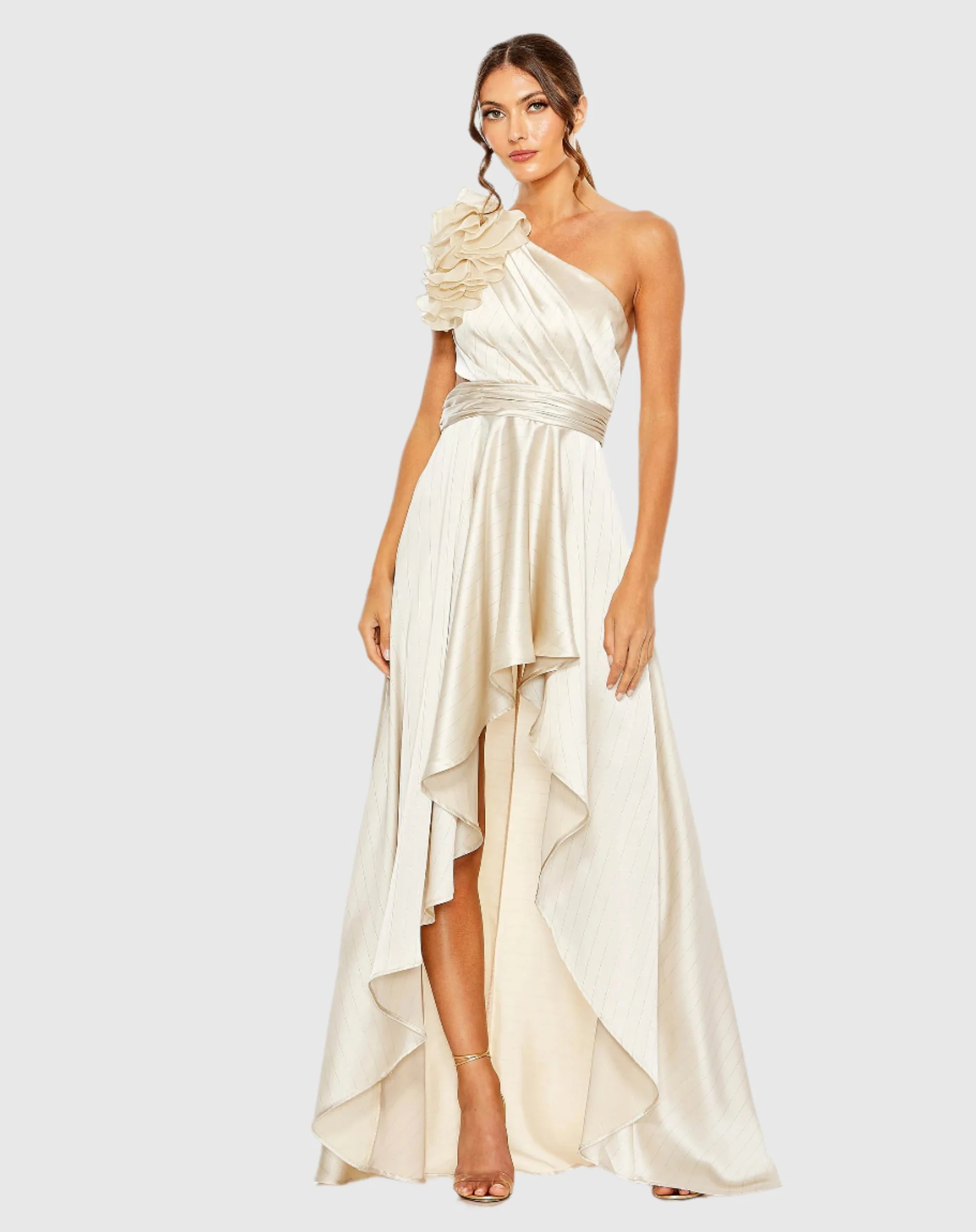Beige Ruffled One Shoulder Cut Out Hi-Low Gown