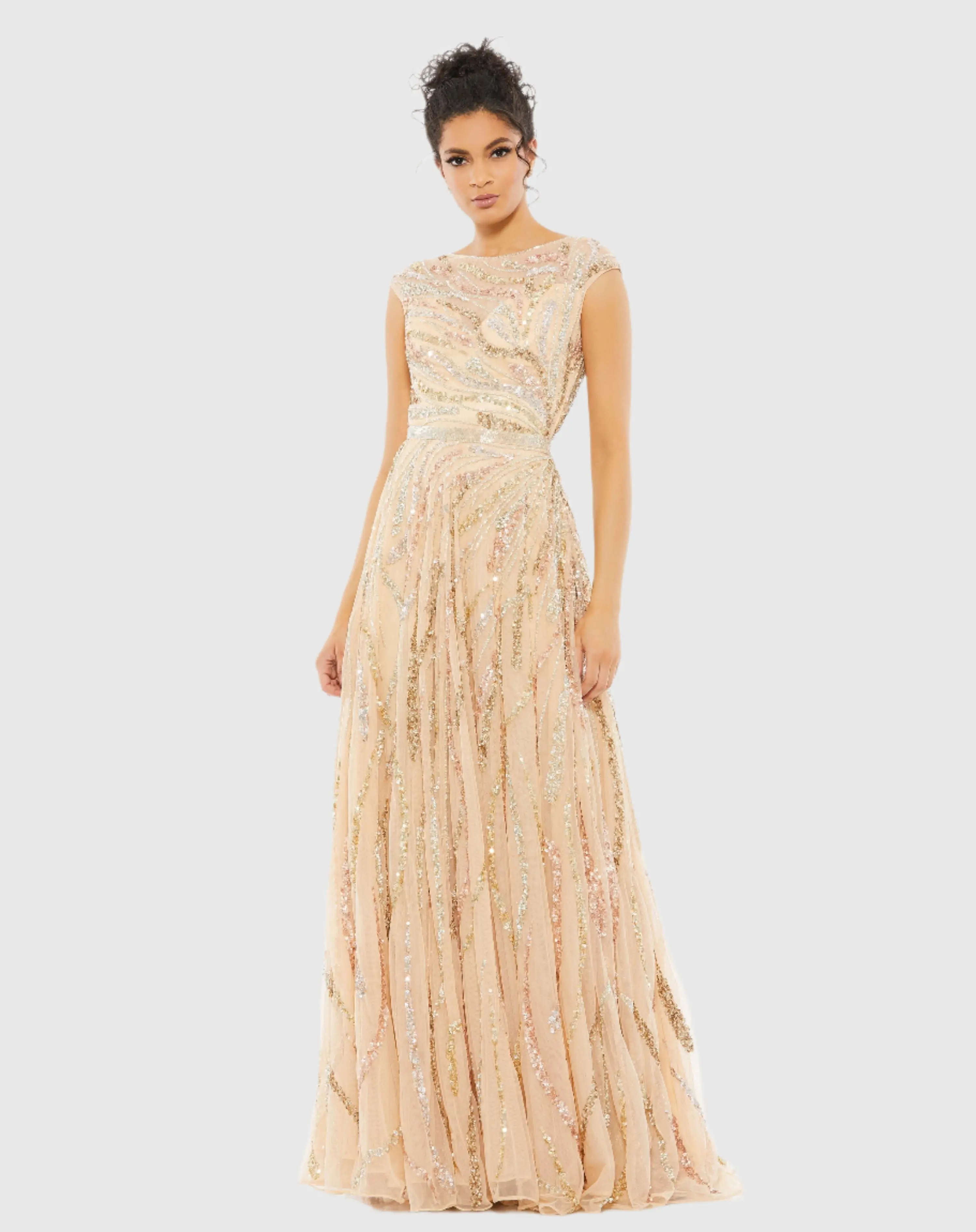Beige Cap Sleeve Embellished Evening Gown