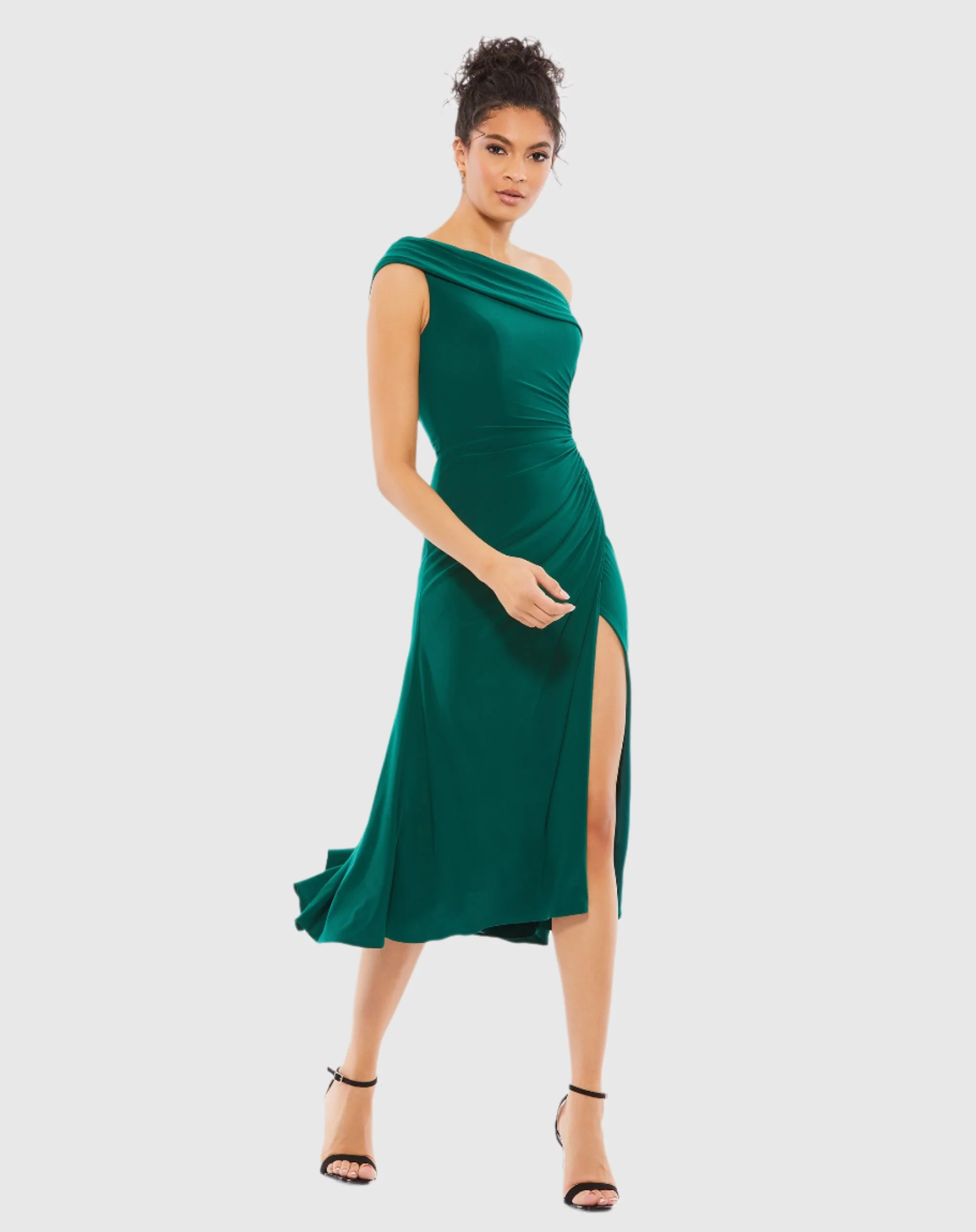 Dark Green Ruched Off-The-Shoulder Midi Dress