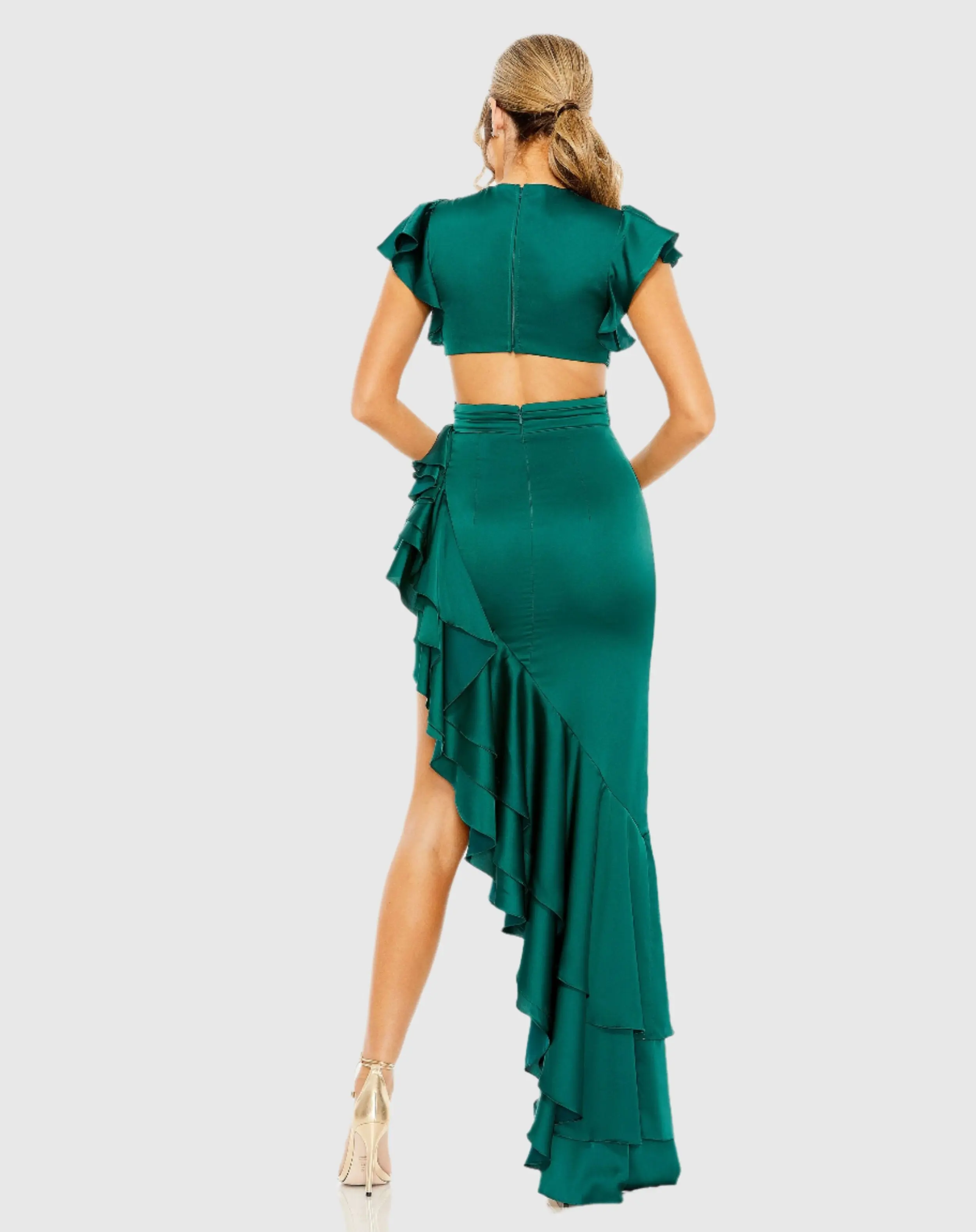 Green Flutter Sleeve Cut Out Asymmetrical Ruffled Dress