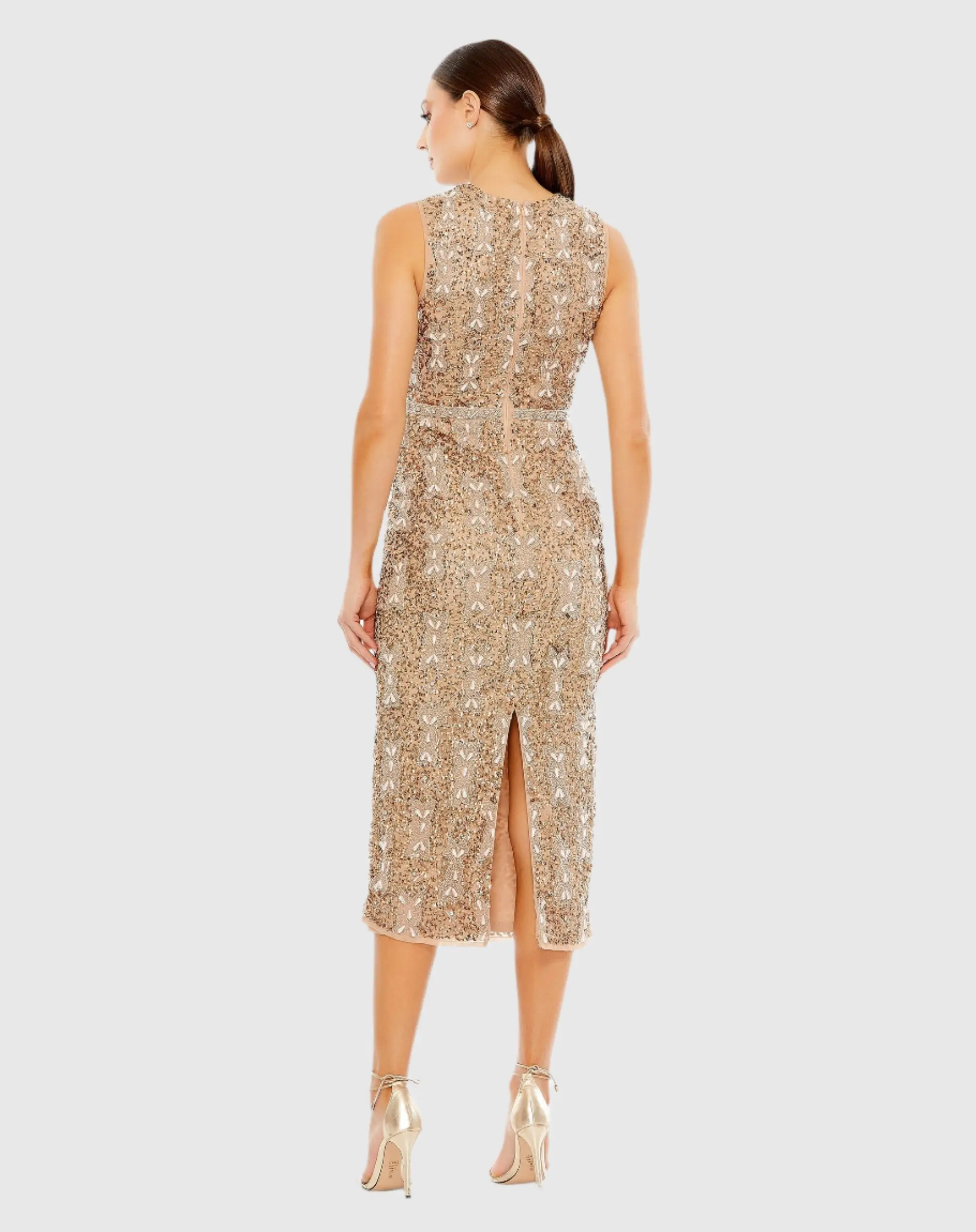 Beige Embellished High Neck Sleeveless A Line Dress