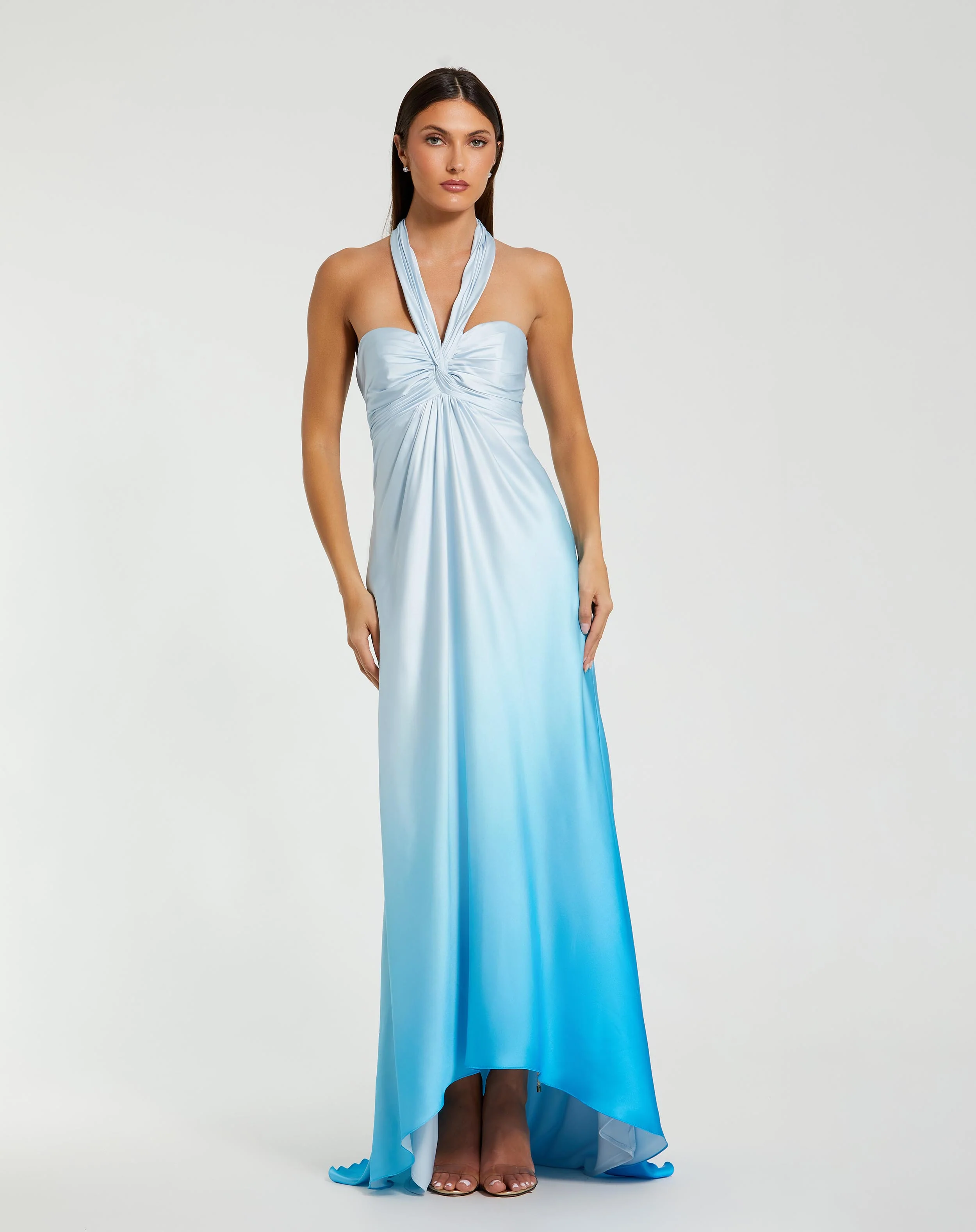 Blue Charmeuse Tie Halter Neck Ombre Gown